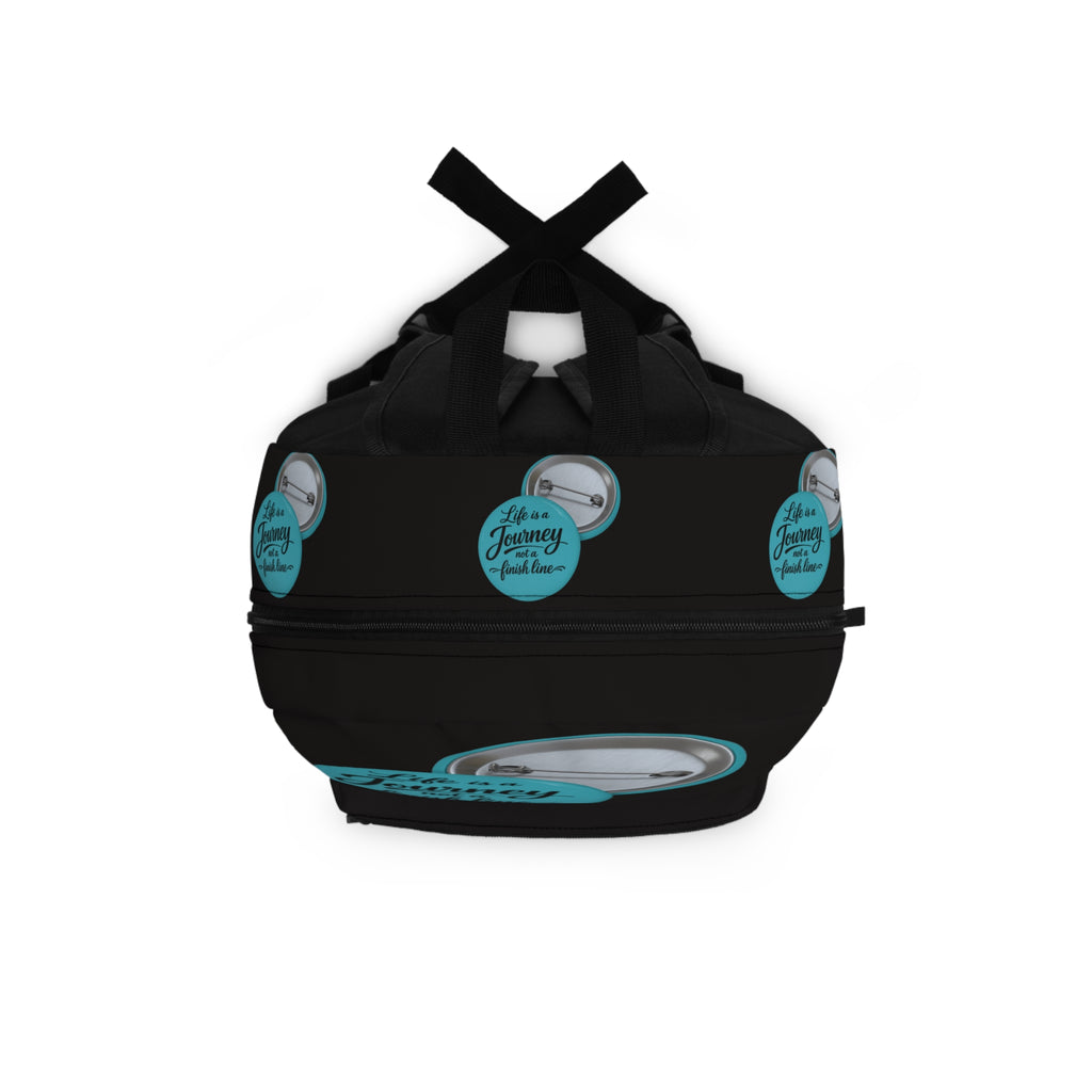 Inspirational Backpack — "Life Is a Journey, Not a Finish Line" graphic design.