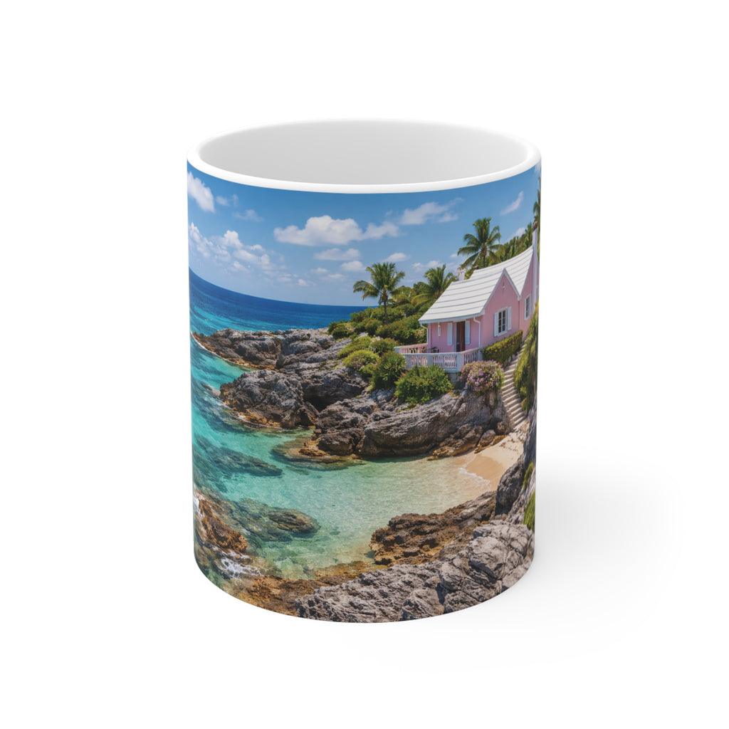Tropical Beach Mug — Turquoise Ocean & Pink Cottage Coffee Cup
