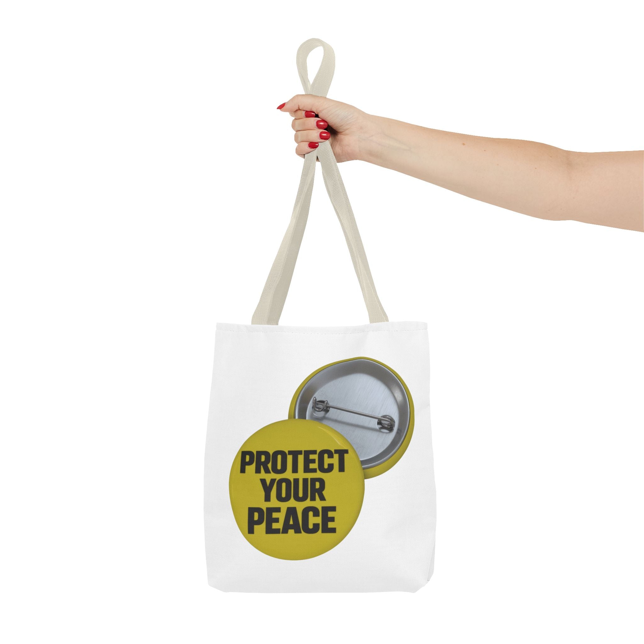 Protect Your Peace Tote Bag — Inspirational Yellow Button Graphic Tote