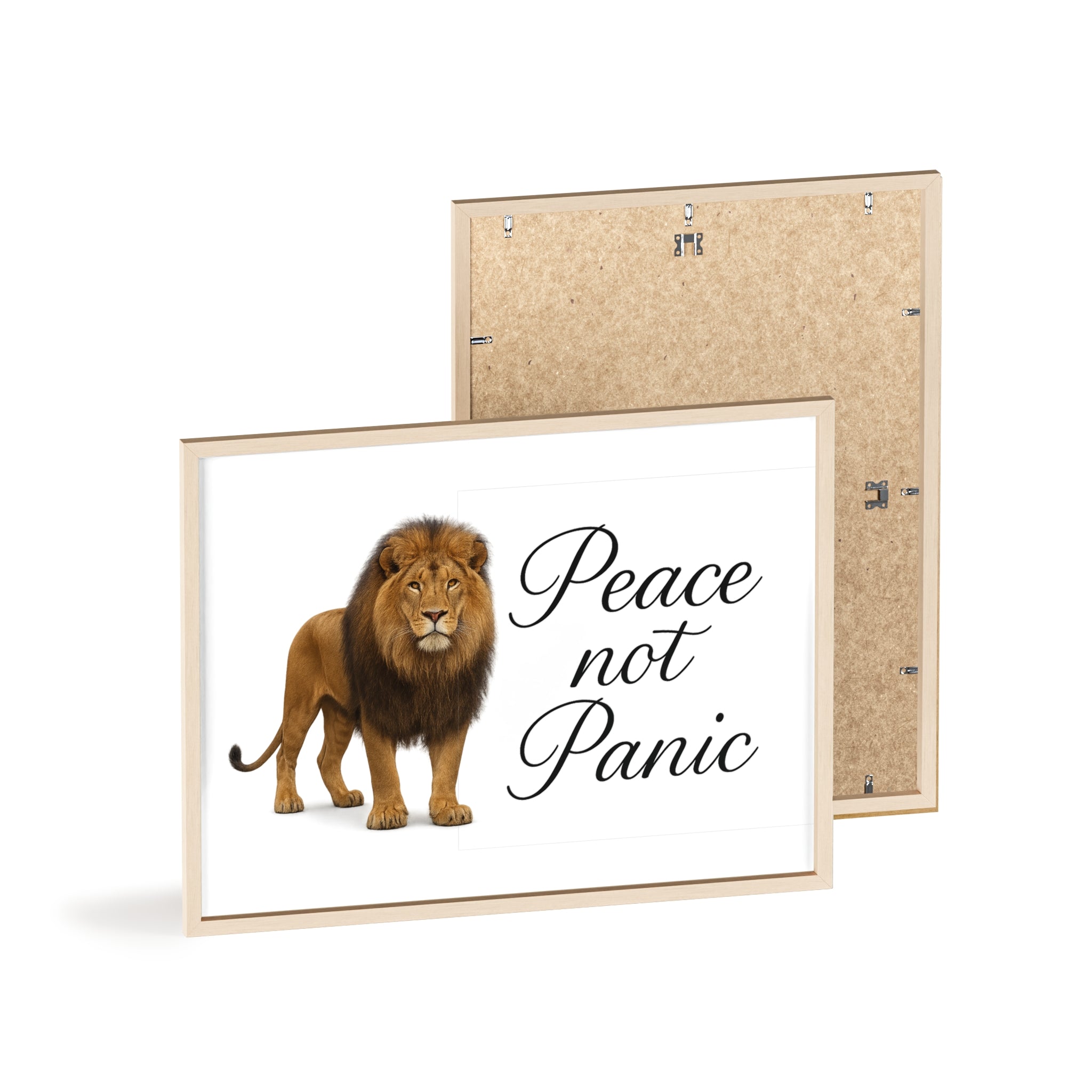 Peace Not Panic Lion Poster with Wooden Frame — Calming Wall Art for Home & Office