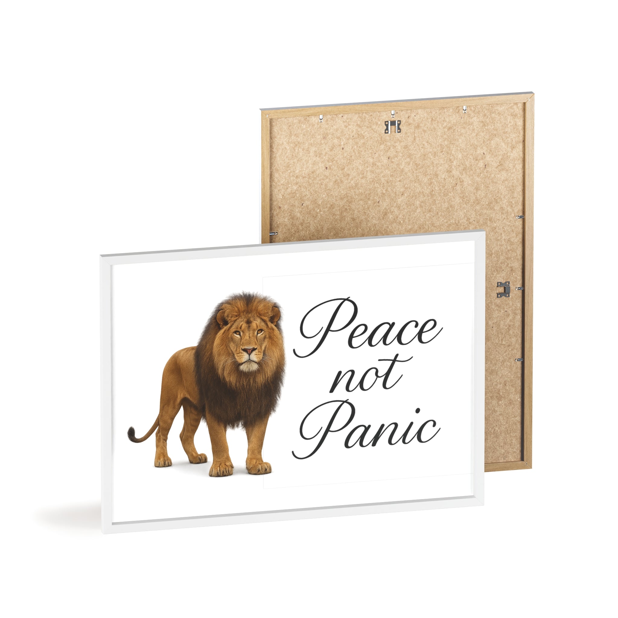 Peace Not Panic Lion Poster with Wooden Frame — Calming Wall Art for Home & Office