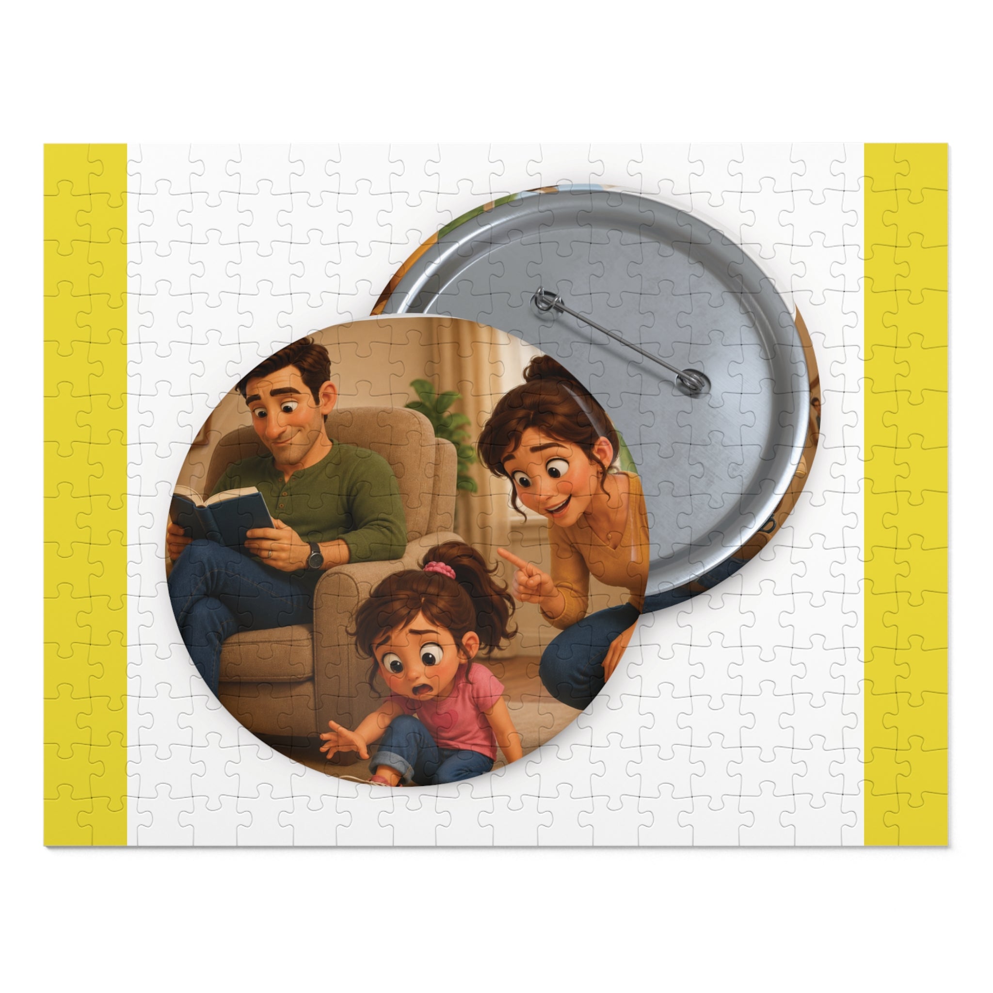 Family Game Night Jigsaw Puzzle with Tin — Cute Cartoon Parents & Child Design