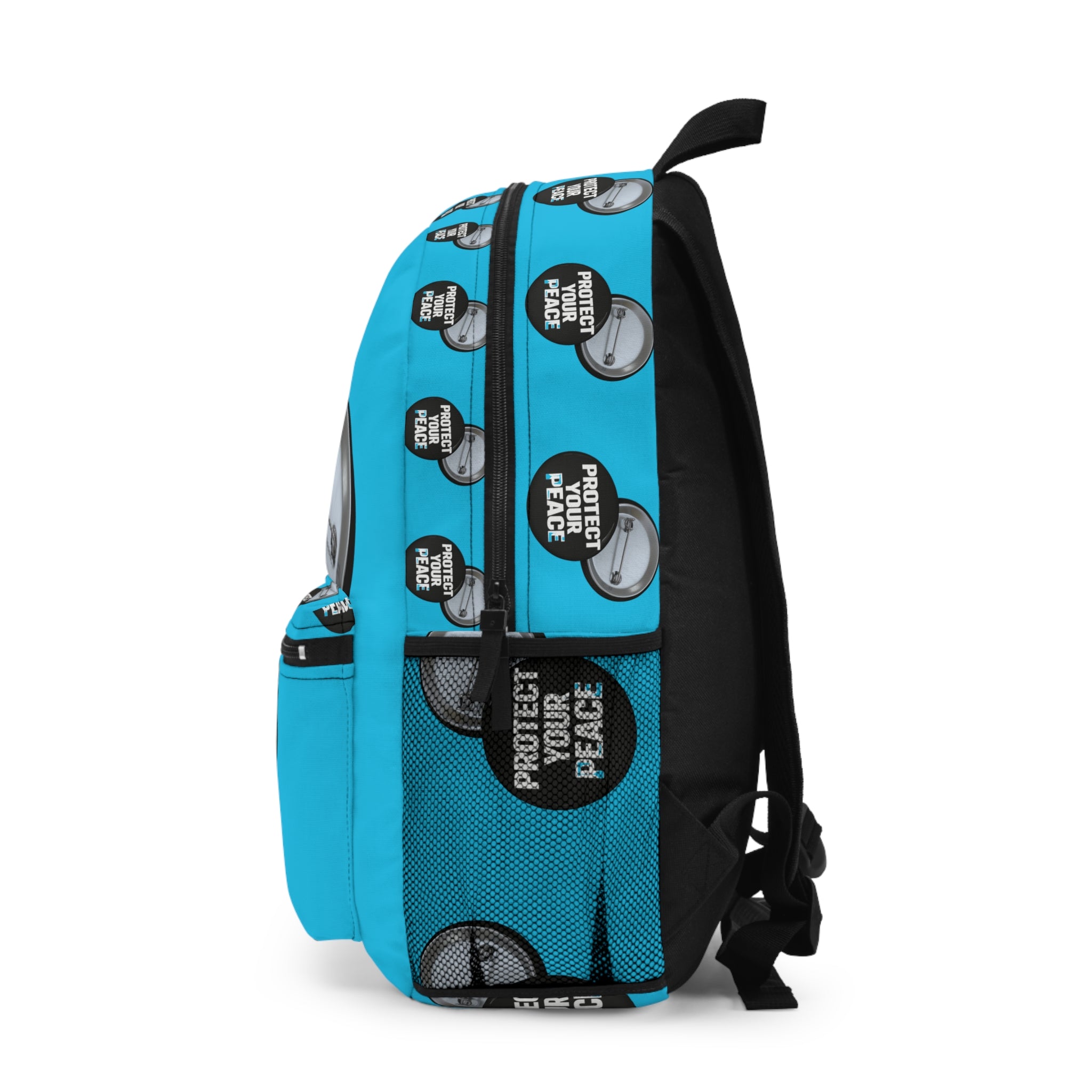 Protect Your Peace Button Backpack — Turquoise Badge Print School Bag