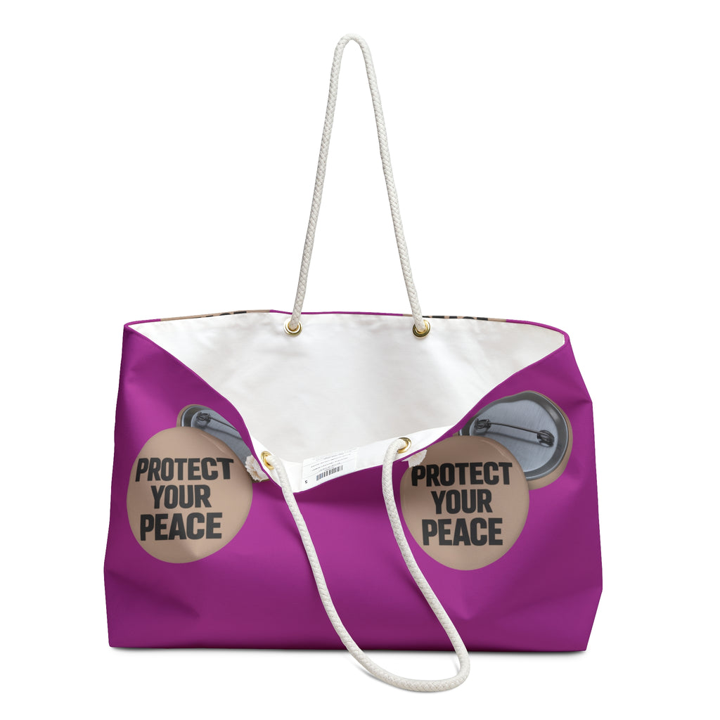 Protect Your Peace Weekender Bag — Pink Travel Tote with Badge Graphic