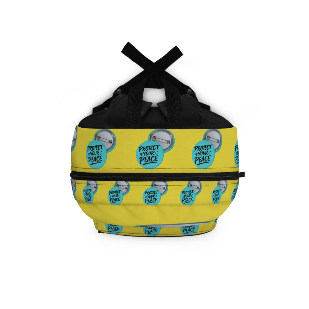 Protect Your Peace Backpack — Yellow Button Badge Pattern School Bag