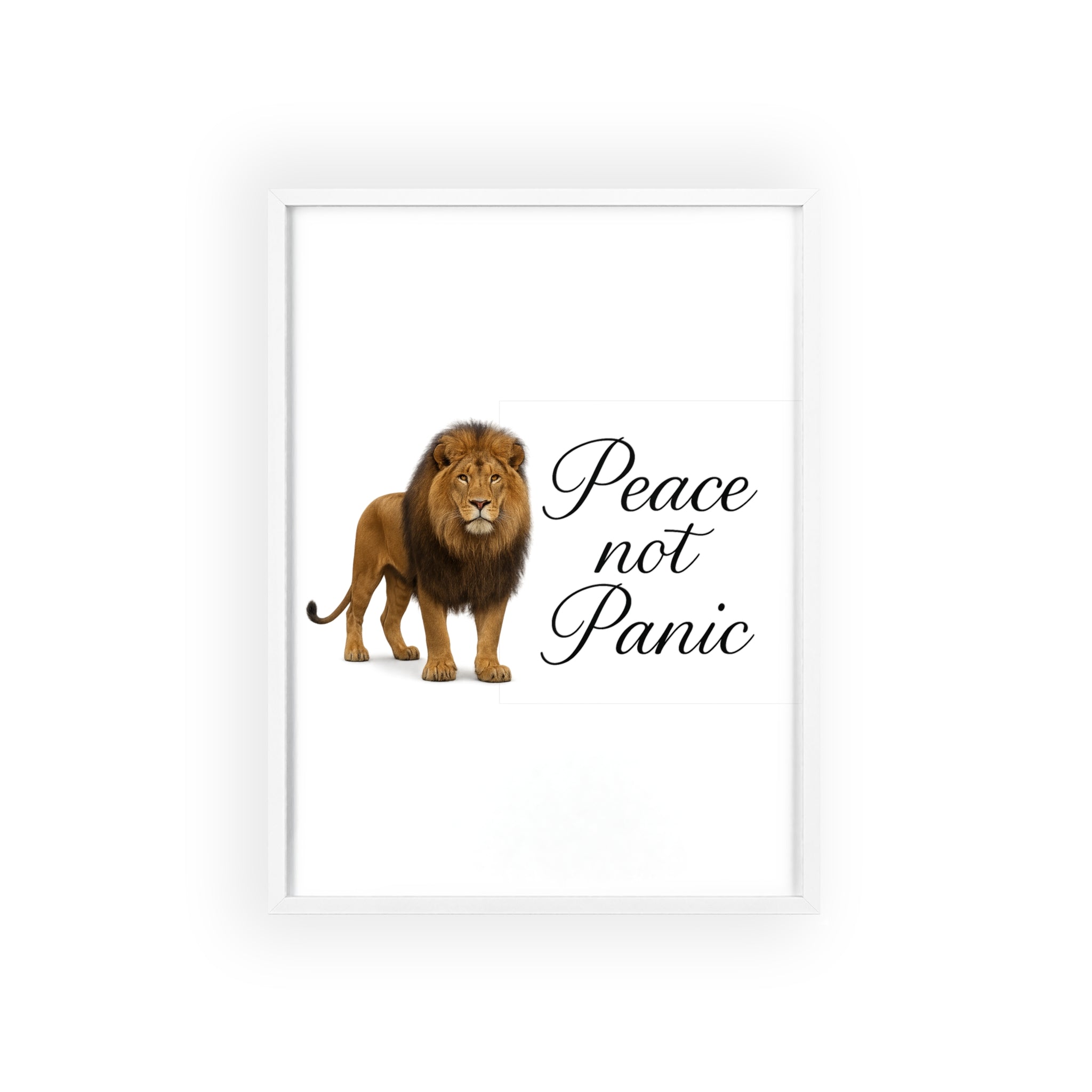 Peace Not Panic Lion Poster with Wooden Frame — Calming Wall Art for Home & Office
