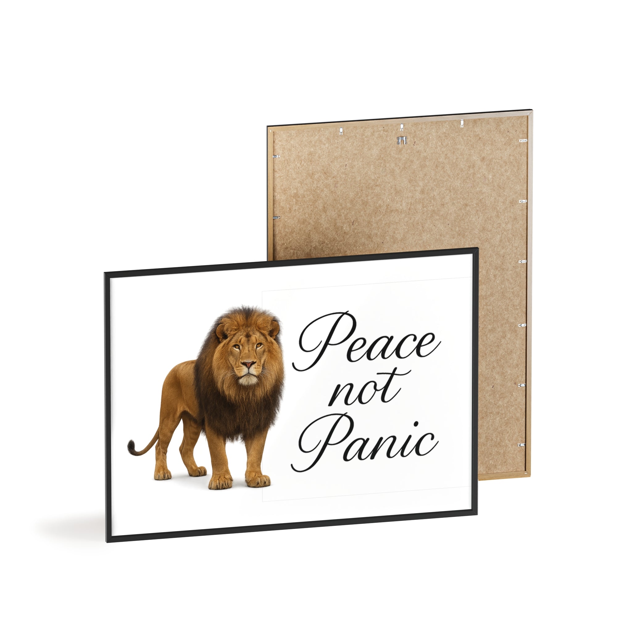 Peace Not Panic Lion Poster with Wooden Frame — Calming Wall Art for Home & Office