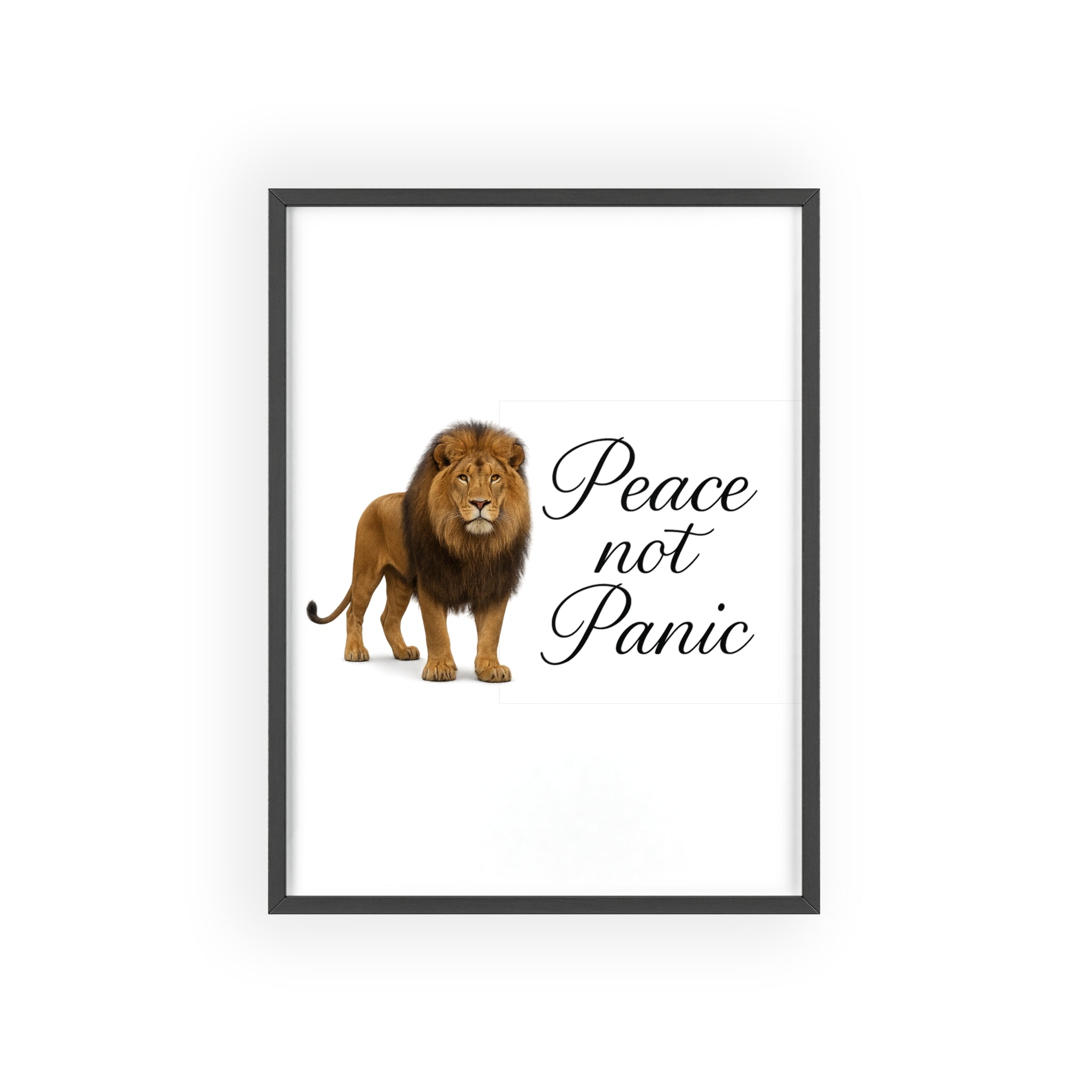 Peace Not Panic Lion Poster with Wooden Frame — Calming Wall Art for Home & Office