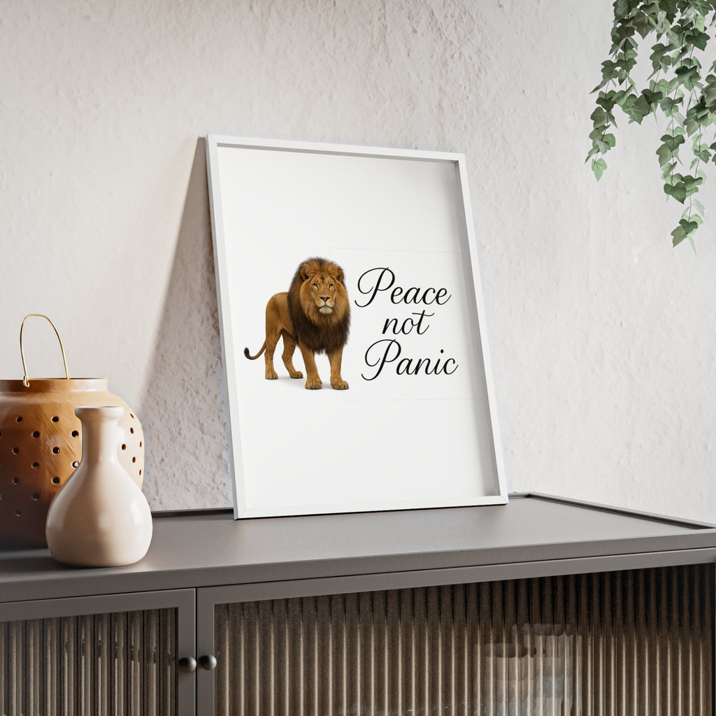 Peace Not Panic Lion Poster with Wooden Frame — Calming Wall Art for Home & Office