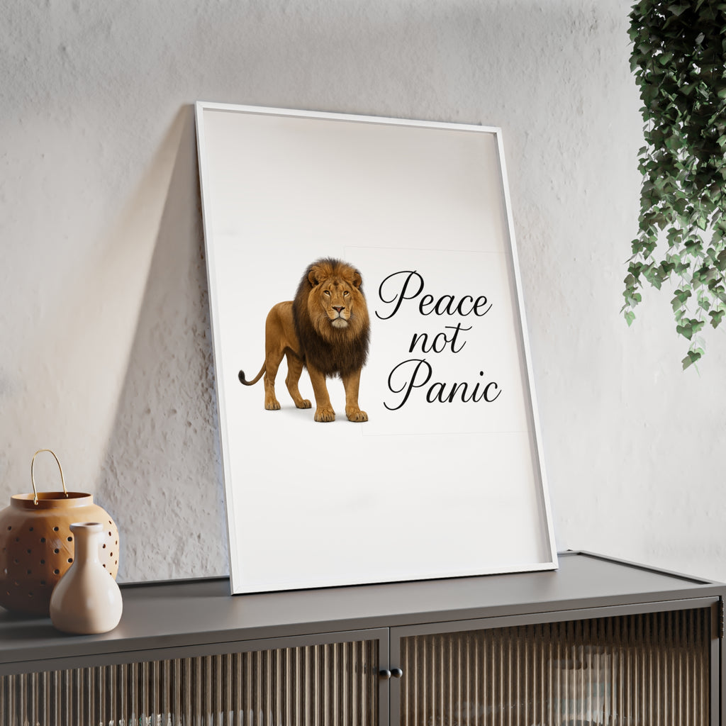 Peace Not Panic Lion Poster with Wooden Frame — Calming Wall Art for Home & Office