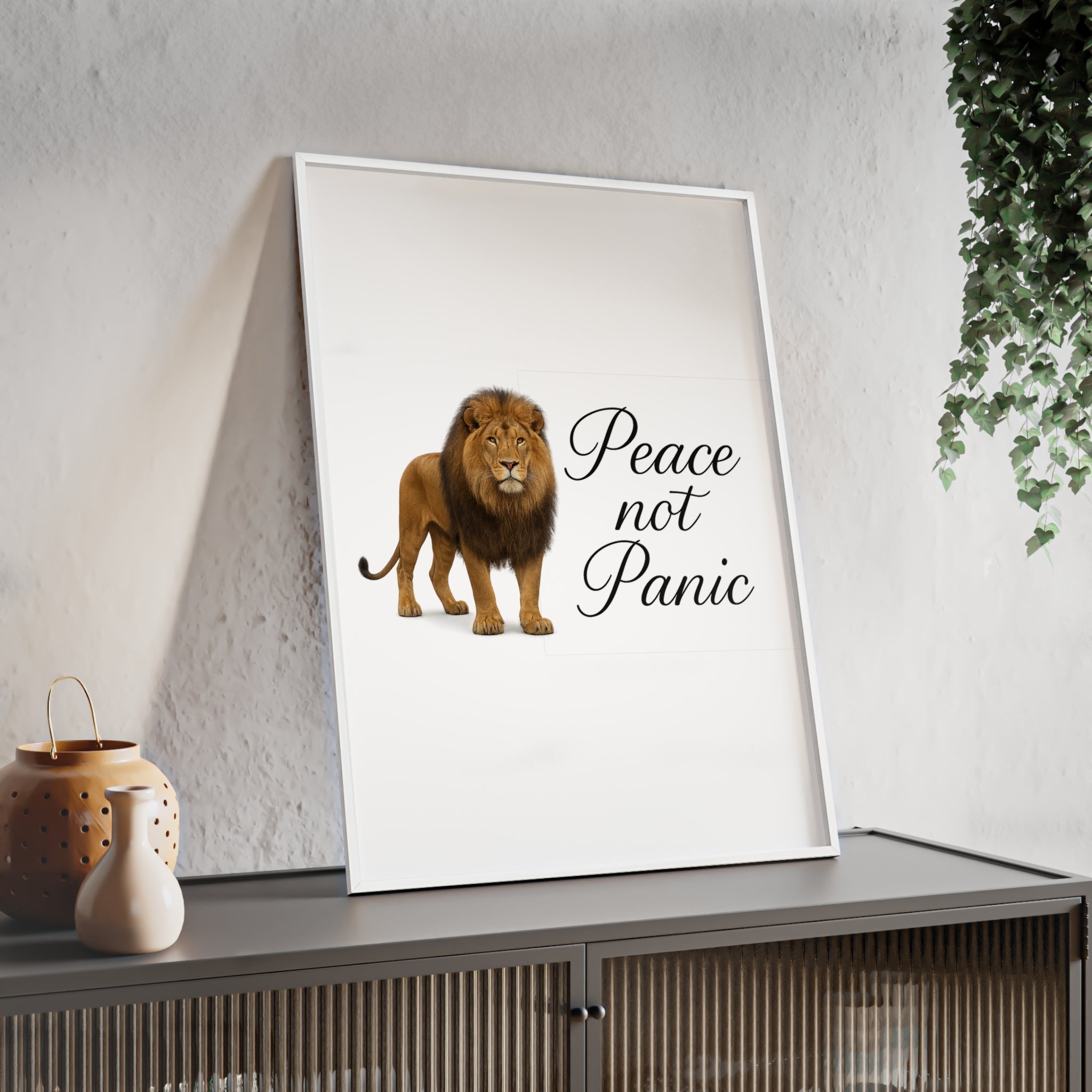 Peace Not Panic Lion Poster with Wooden Frame — Calming Wall Art for Home & Office