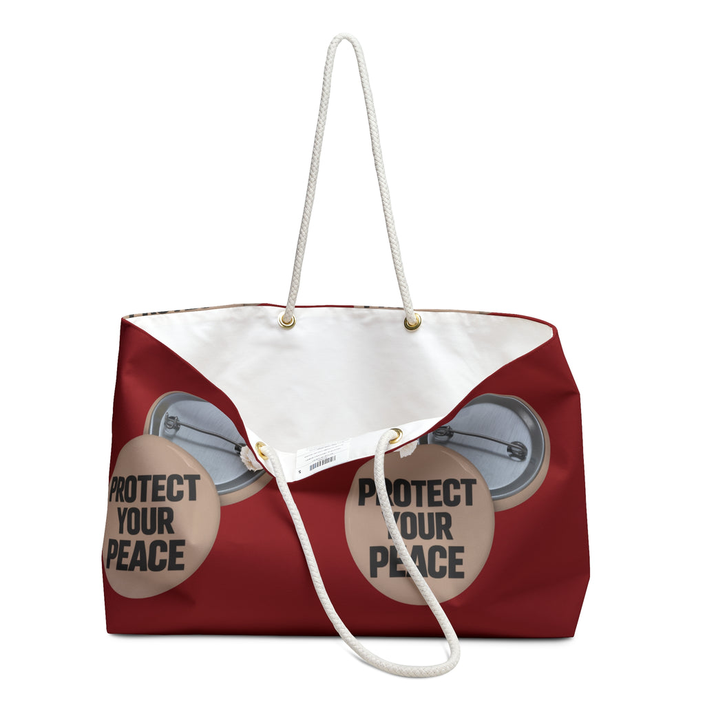 Protect Your Peace Weekender Bag — Maroon Travel Tote with Button Pin Design