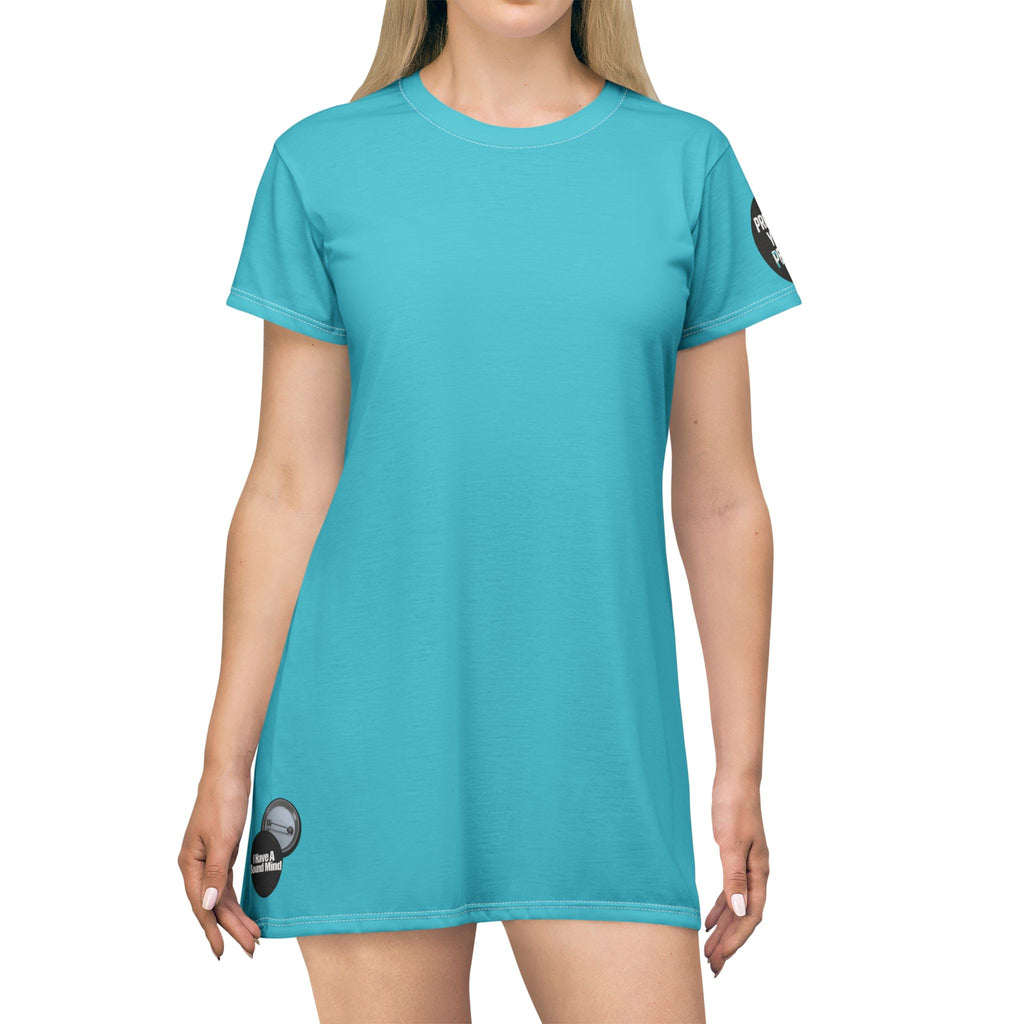 Turquoise T-Shirt Dress graphic design I have a sound mind and sleave graphic protect your peace.