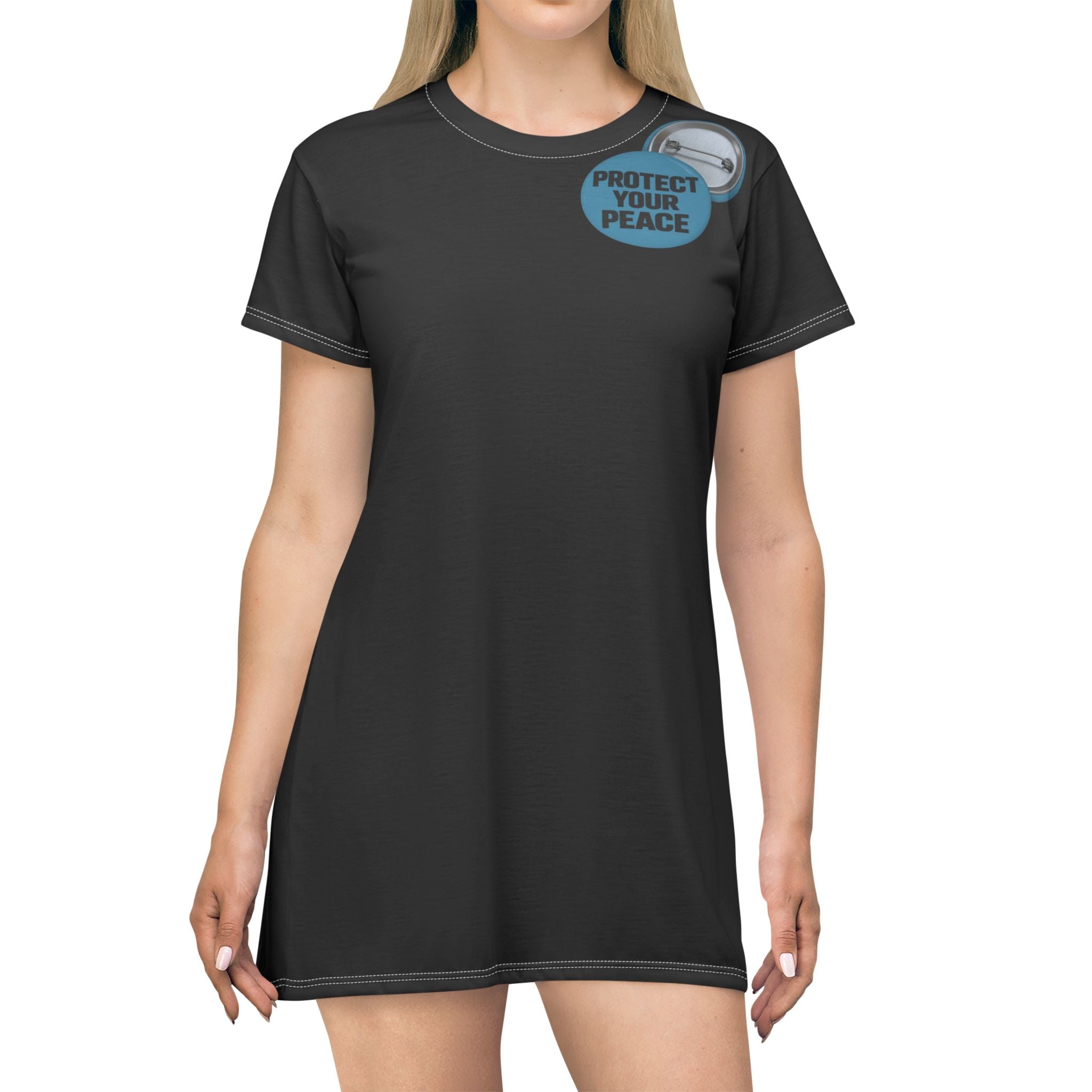 Protect Your Peace T-Shirt Dress — Graphic Button Badge Design