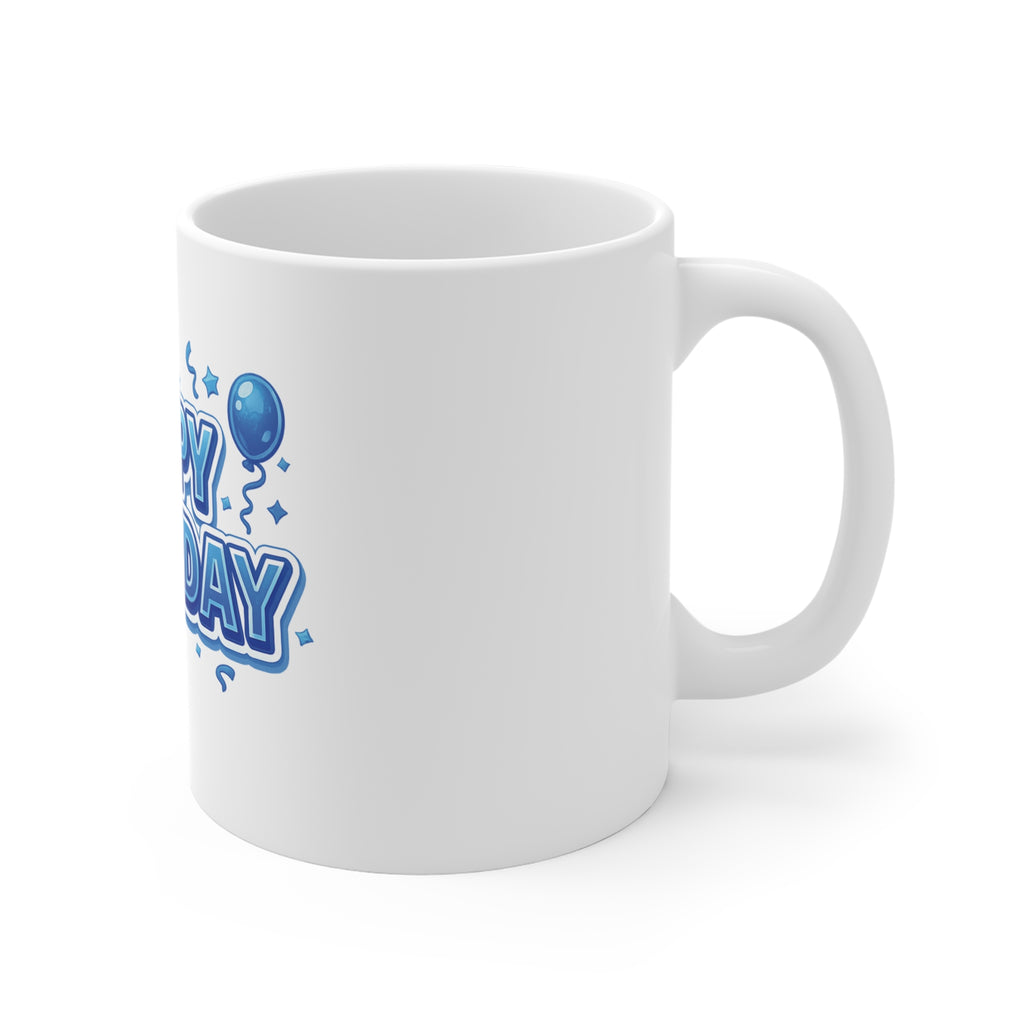 Happy Birthday 11oz Mug — Blue Balloon Celebration Coffee Cup