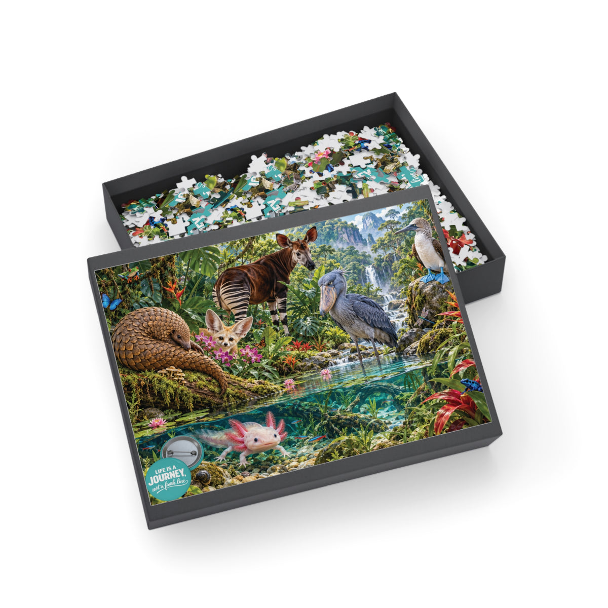 Rainforest Wildlife Jigsaw Puzzle – Axolotl, Shoebill & Exotic Animals (96–1000 pc)