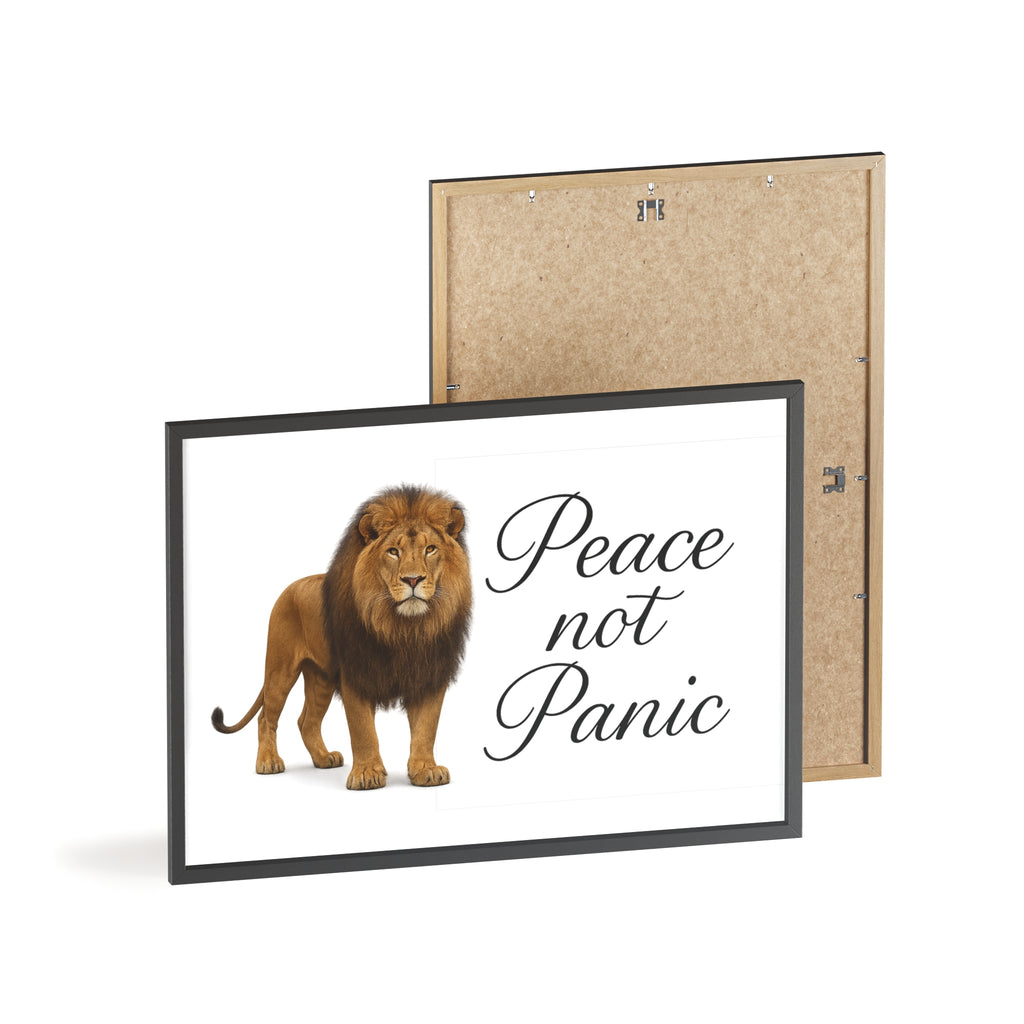 Peace Not Panic Lion Poster with Wooden Frame — Calming Wall Art for Home & Office