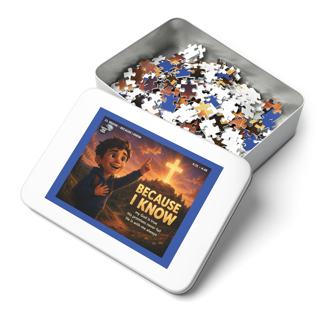 Because I Know Christian Jigsaw Puzzle with Tin — Inspirational Faith Puzzle for Kids & Families