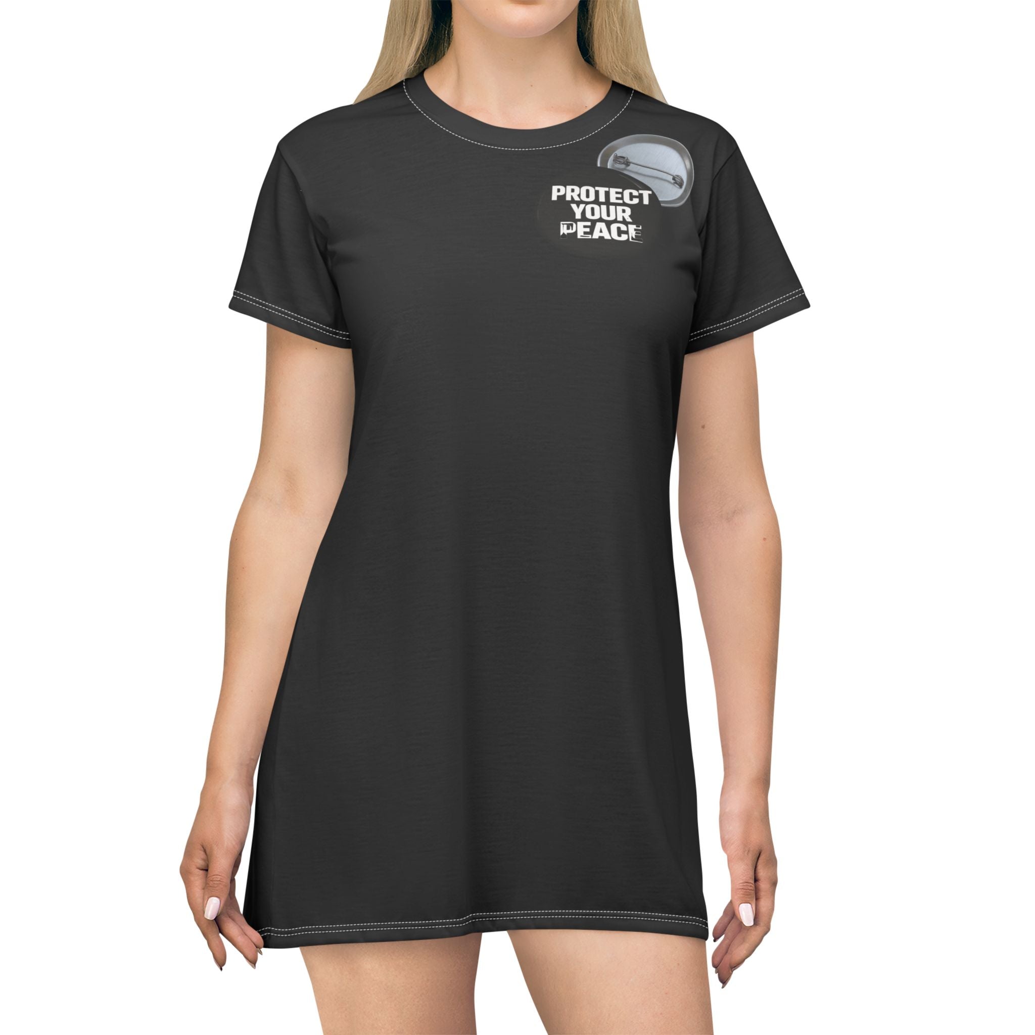 Protect Your Peace T-Shirt Dress — Black Graphic AOP