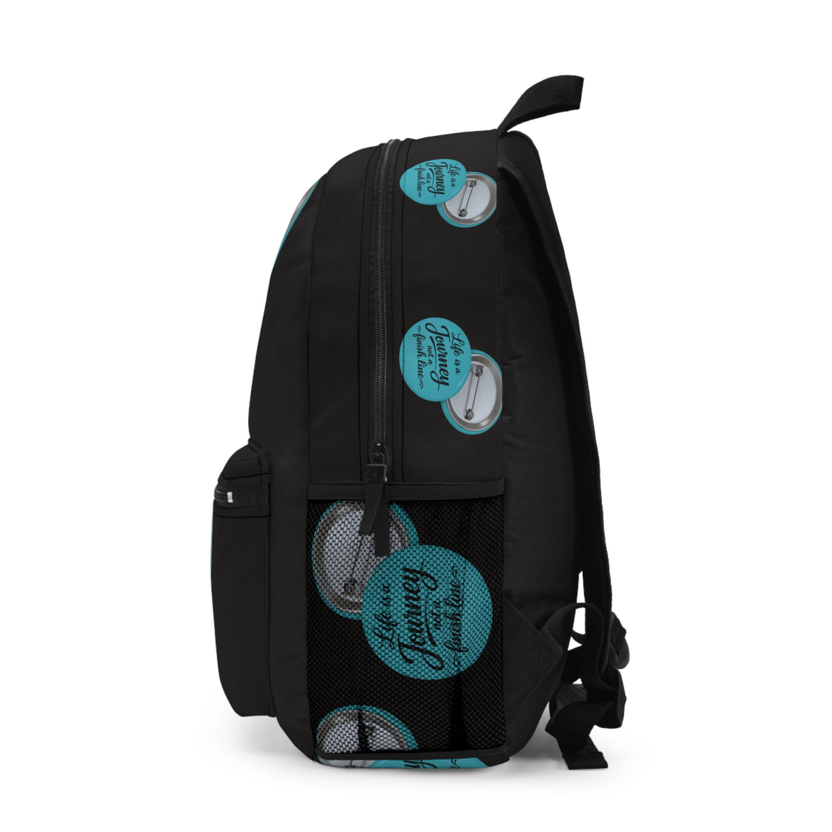 Inspirational Backpack — "Life Is a Journey, Not a Finish Line" graphic design.