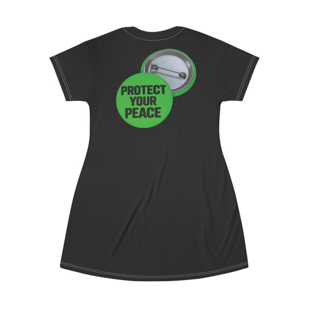 Protect Your Peace T-Shirt Dress — Relaxed Black AOP Dress with Badge Graphic