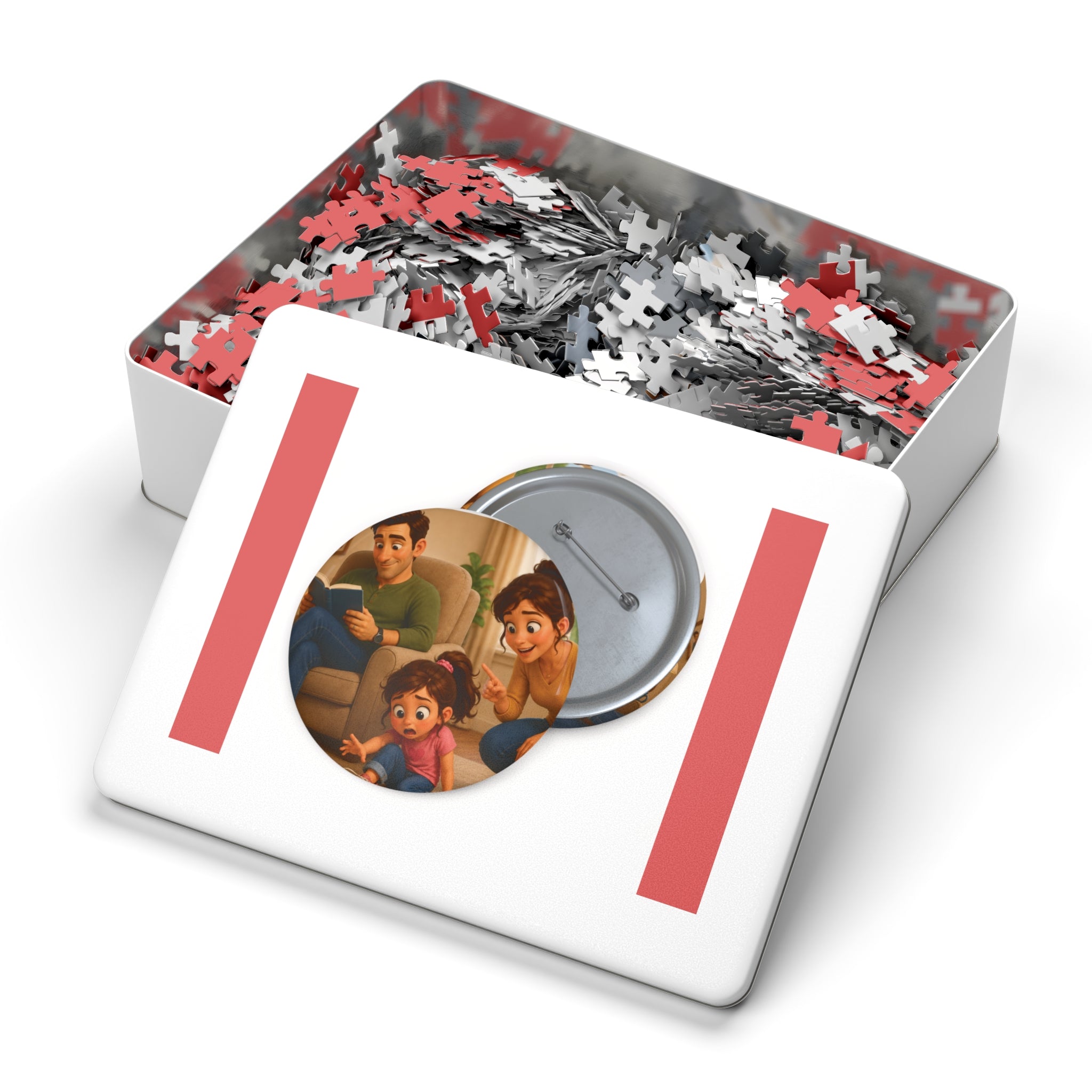 Family Moment 252-Piece Round Tin Puzzle — Cute Parents & Kid Illustration