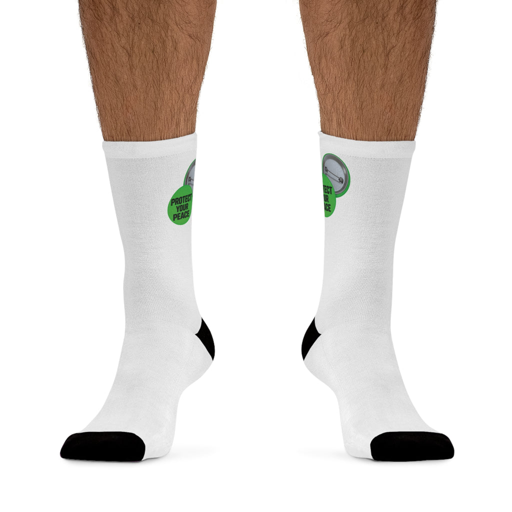 Playful Green Graphic  design protect your peace. Recycled Poly Socks