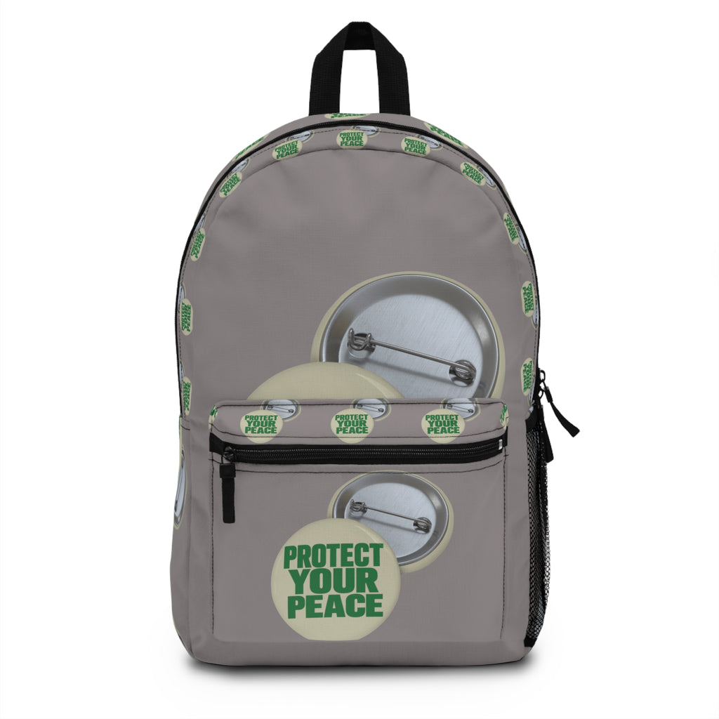 Protect Your Peace Button Pattern Backpack — Neutral Gray Daypack for School & Travel