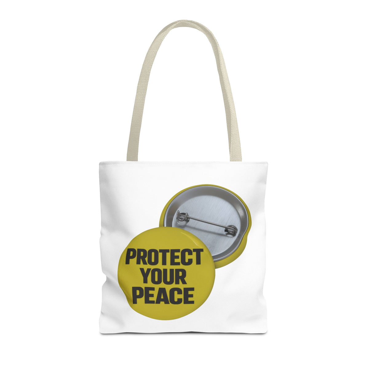 Protect Your Peace Tote Bag — Inspirational Yellow Button Graphic Tote