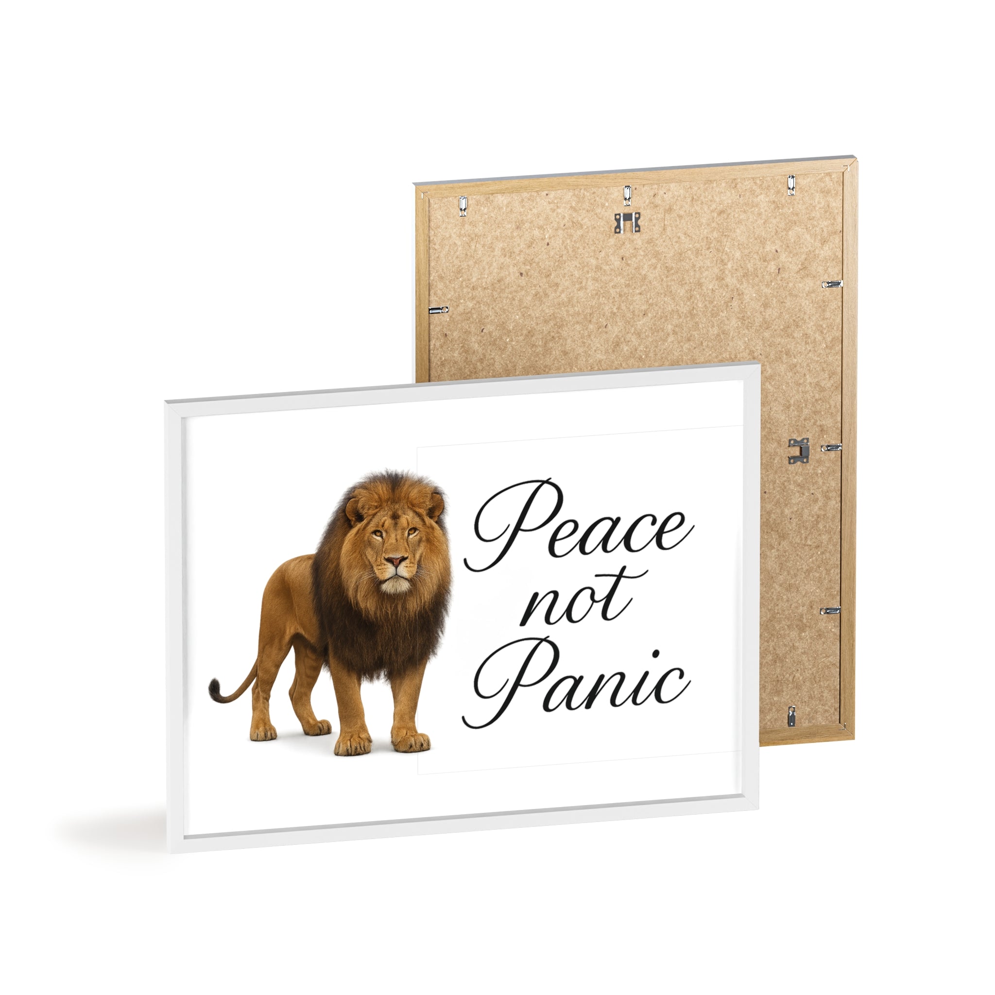 Peace Not Panic Lion Poster with Wooden Frame — Calming Wall Art for Home & Office