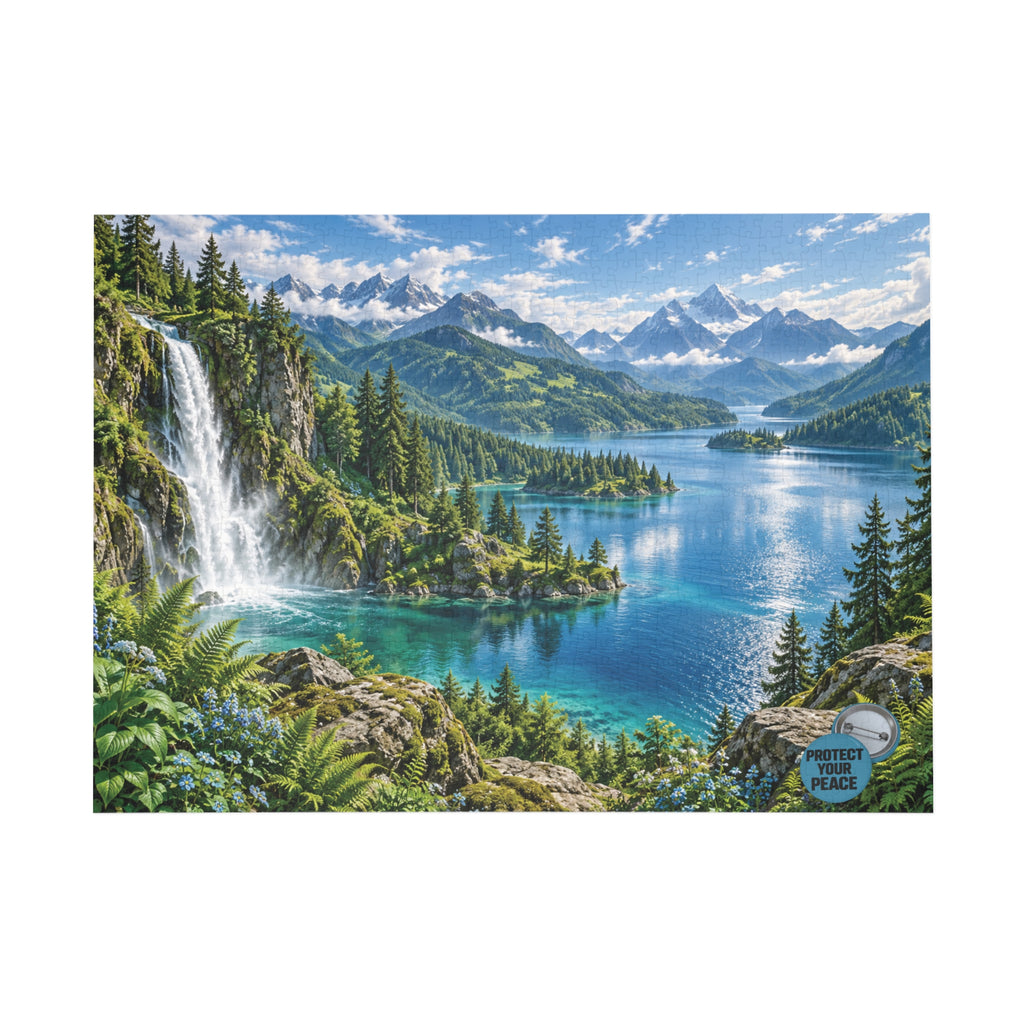 Scenic Mountain Lake Puzzle — Waterfall Nature Jigsaw (96–1000 pcs)