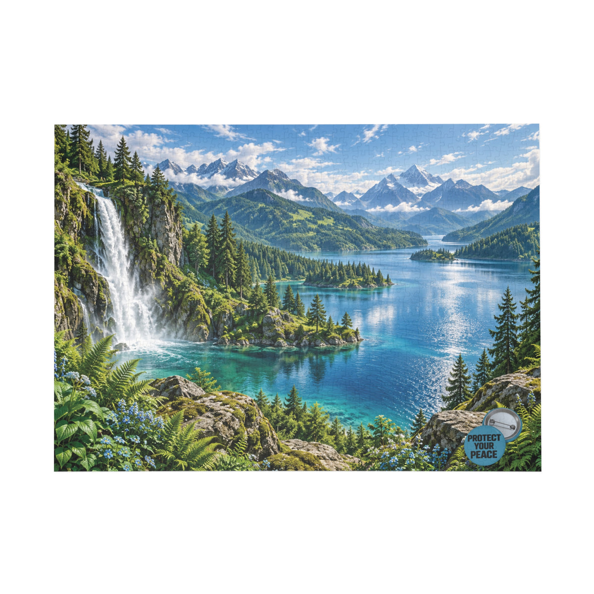 Scenic Mountain Lake Puzzle — Waterfall Nature Jigsaw (96–1000 pcs)