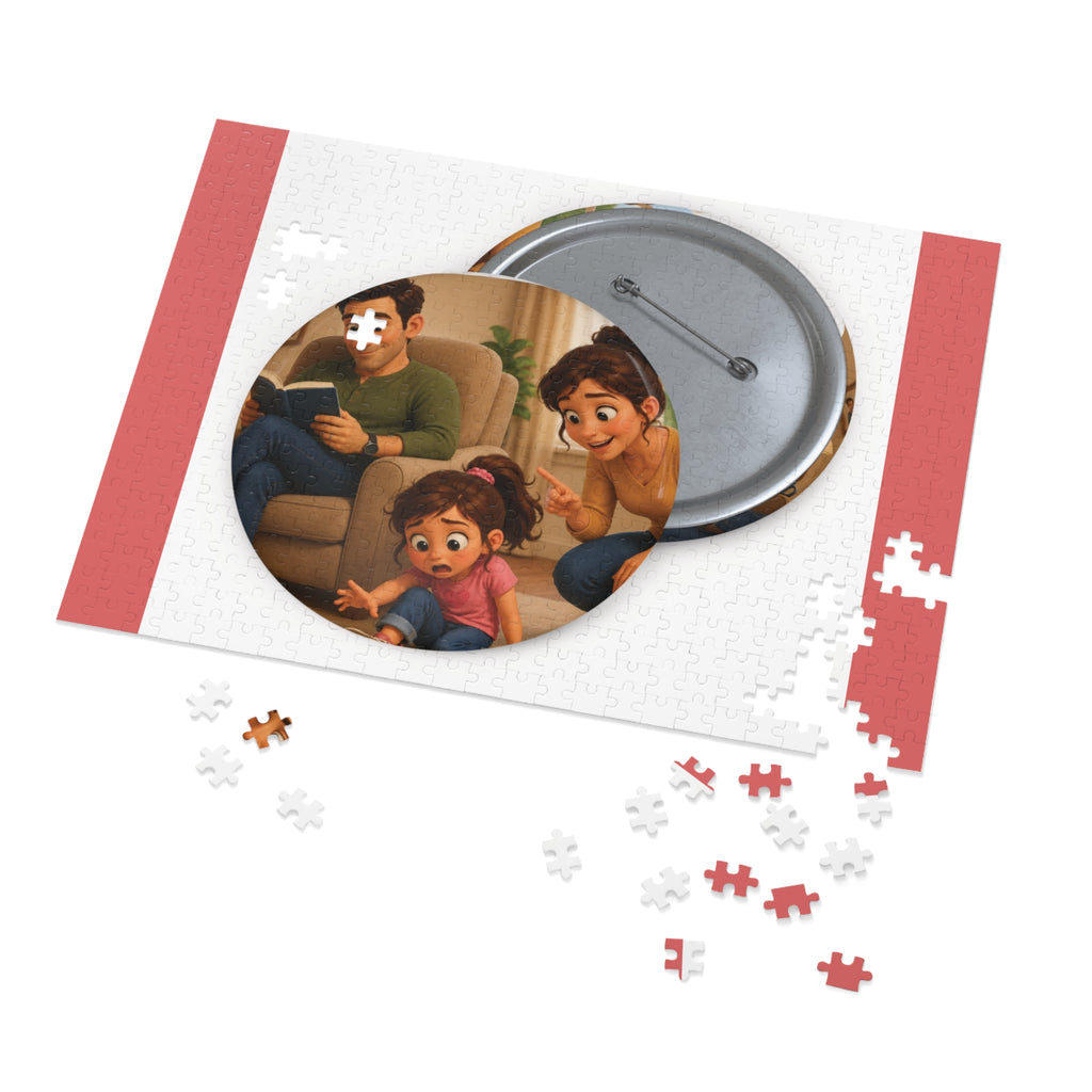 Family Moment 252-Piece Round Tin Puzzle — Cute Parents & Kid Illustration