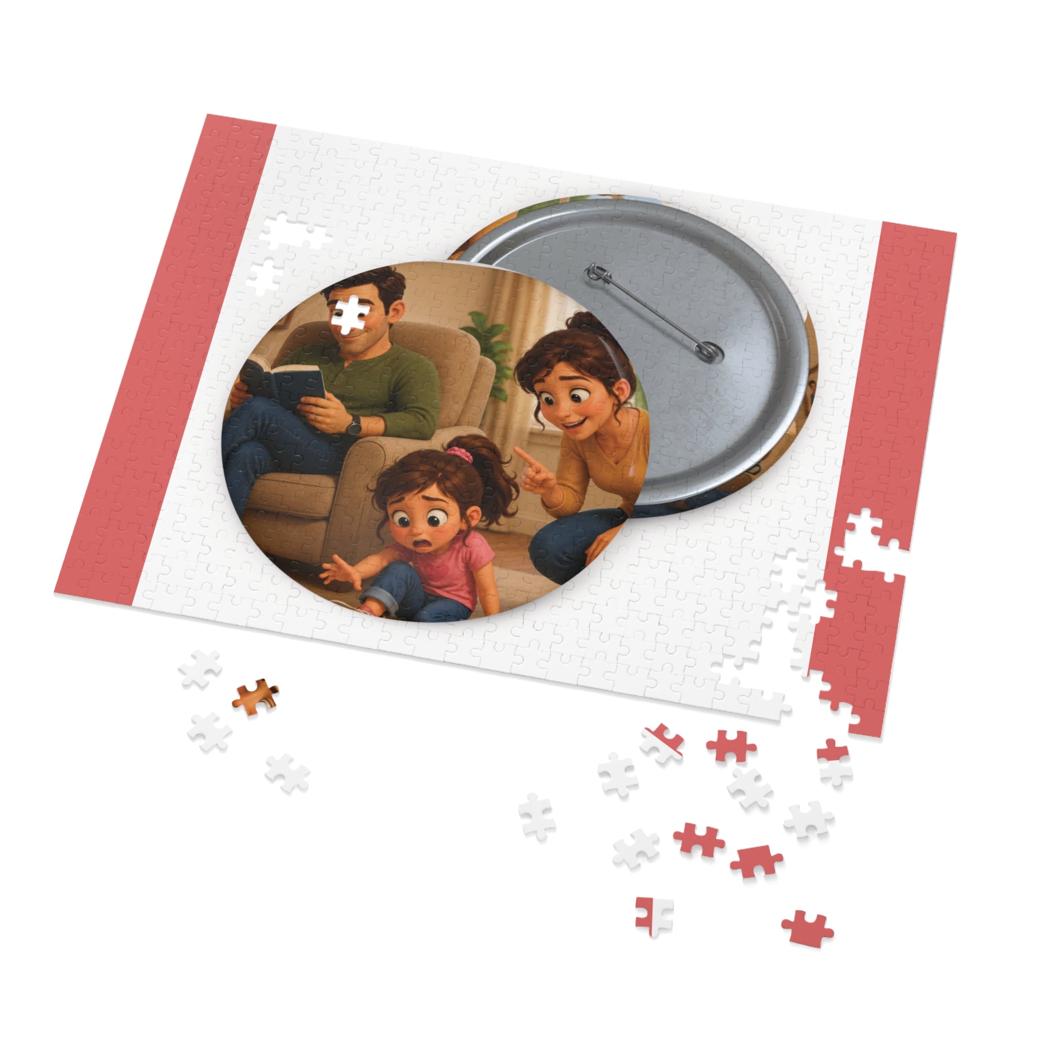 Family Moment 252-Piece Round Tin Puzzle — Cute Parents & Kid Illustration