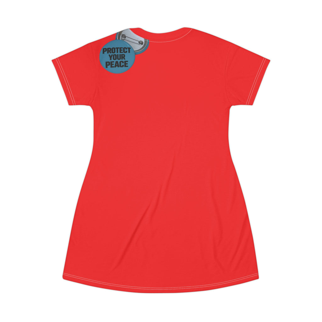 T-Shirt Dress — "Protect Your Peace" Tag Graphic AOP Women's Casual Dress