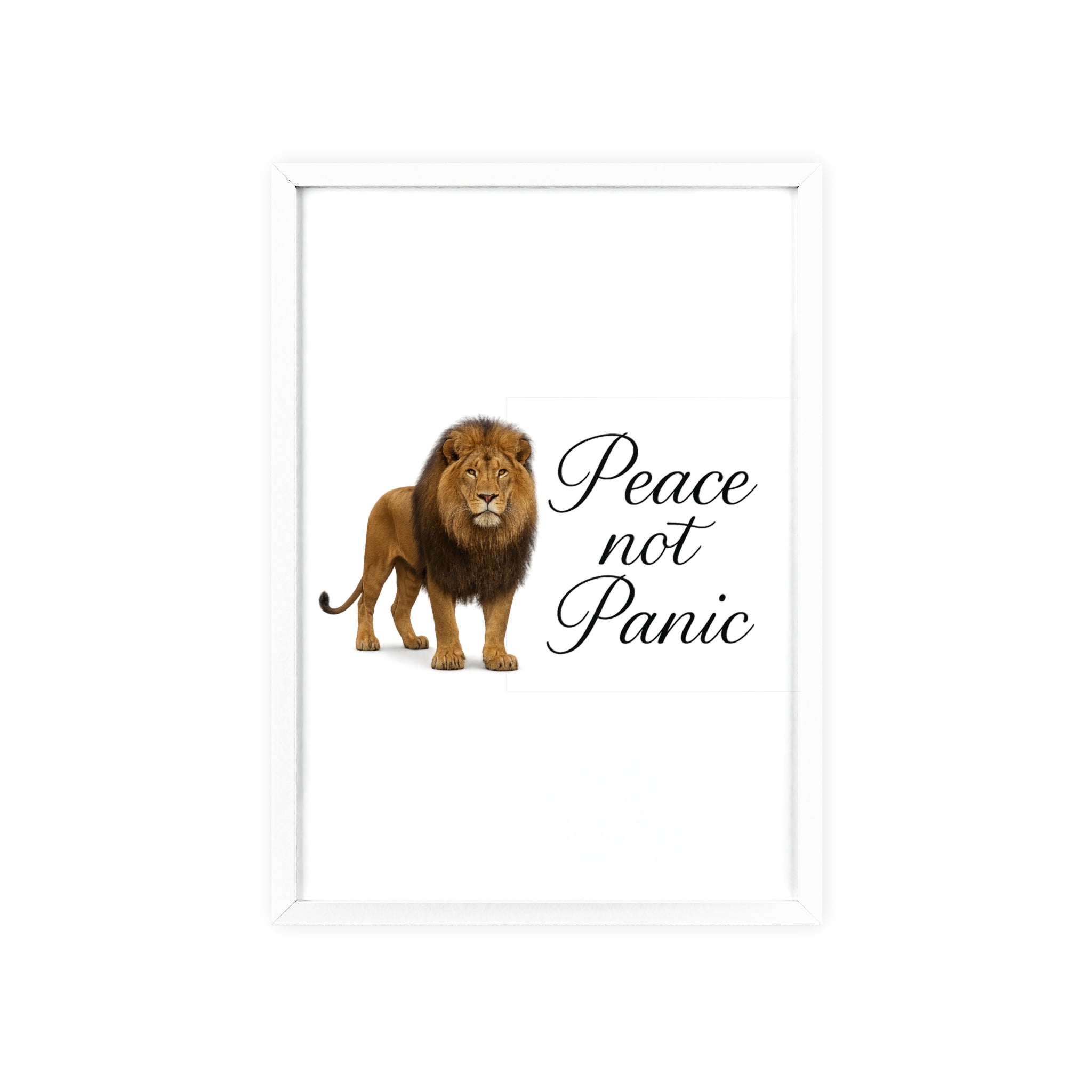 Peace Not Panic Lion Poster with Wooden Frame — Calming Wall Art for Home & Office