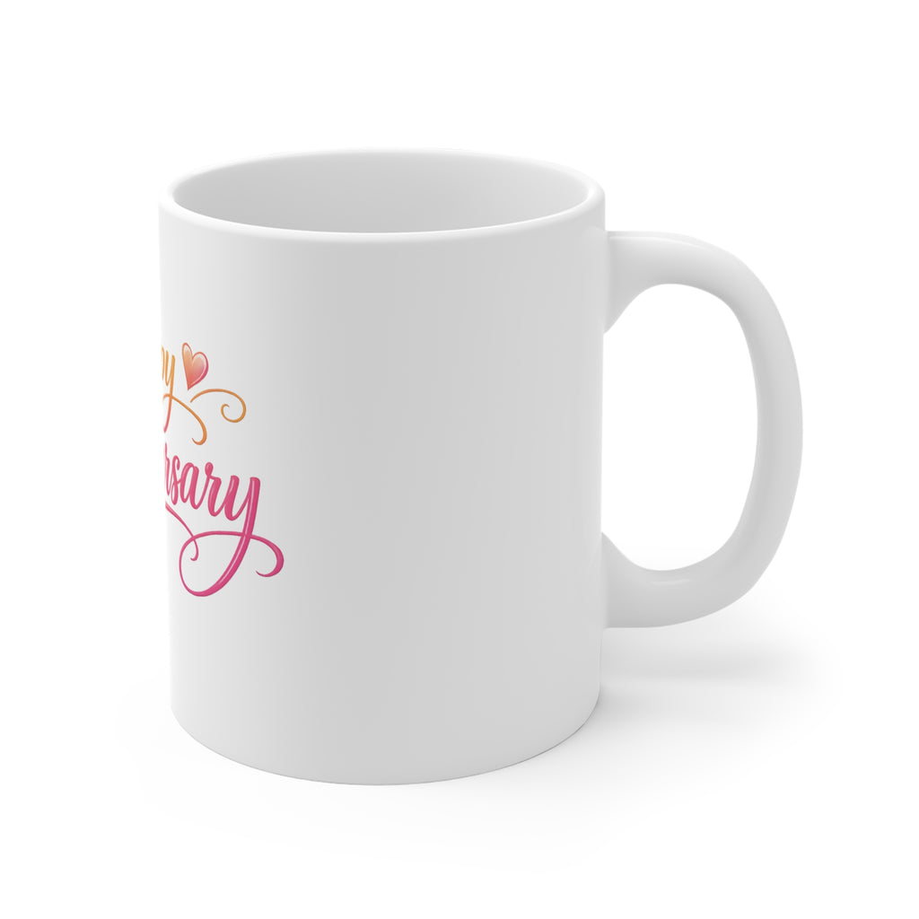 Happy Anniversary 11oz Mug — Romantic Heart Script Coffee Cup