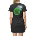 Protect Your Peace T-Shirt Dress — Relaxed Black AOP Dress with Badge Graphic
