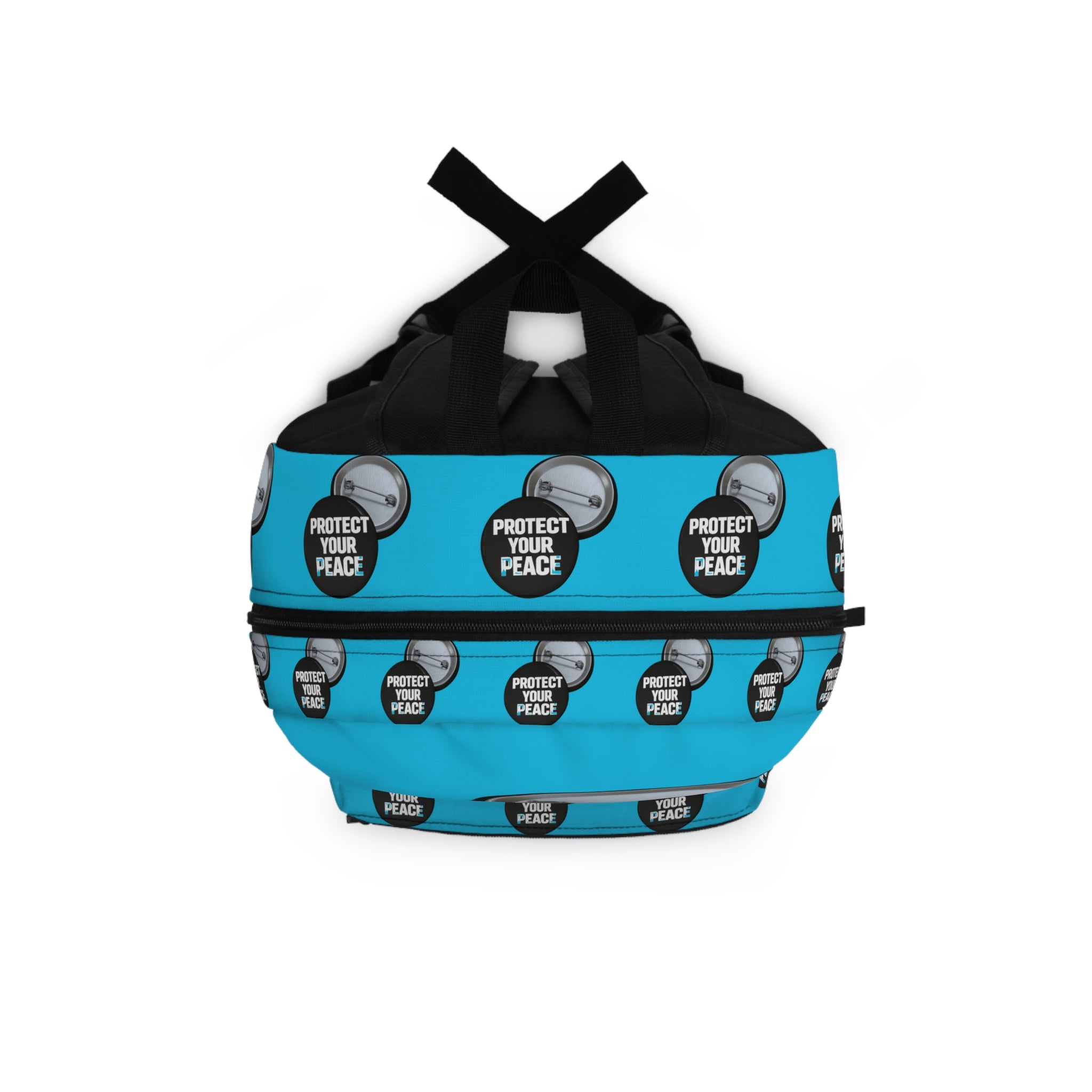 Protect Your Peace Button Backpack — Turquoise Badge Print School Bag