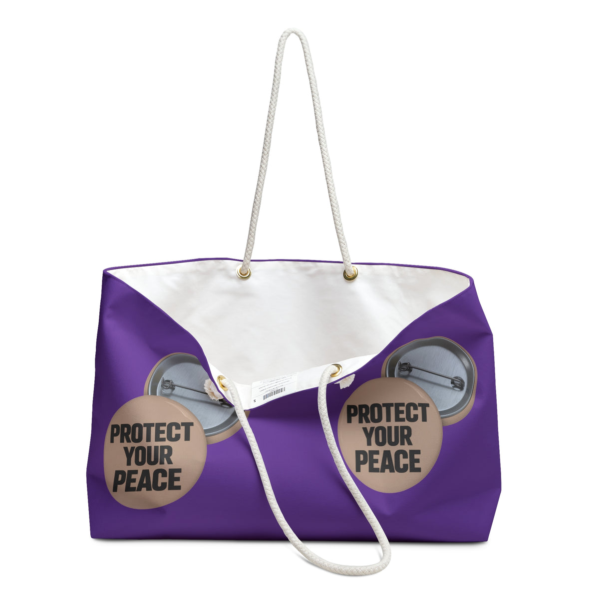 Protect Your Peace Weekender Bag — Purple Travel Tote with Motivational Button Design