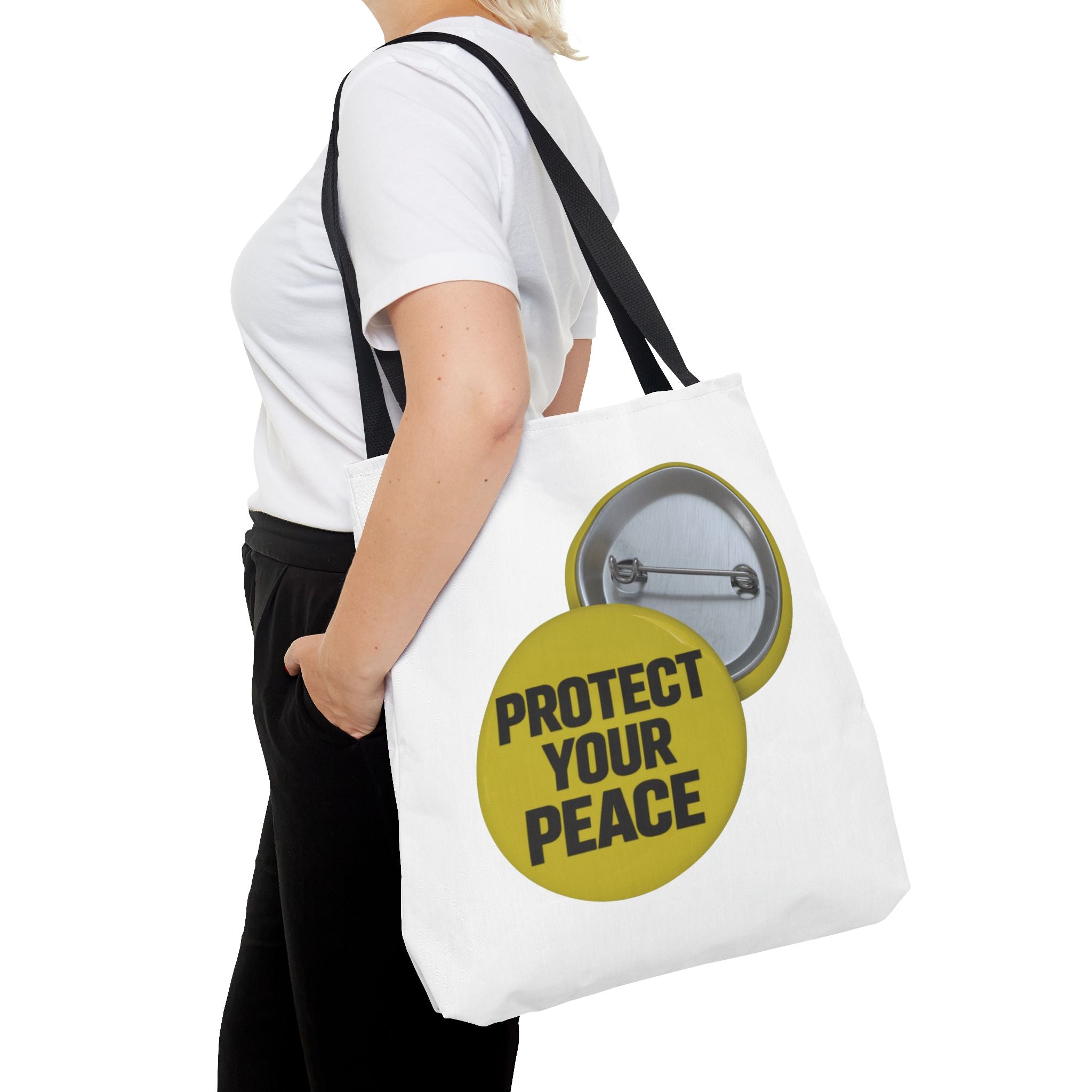 Protect Your Peace Tote Bag — Inspirational Yellow Button Graphic Tote