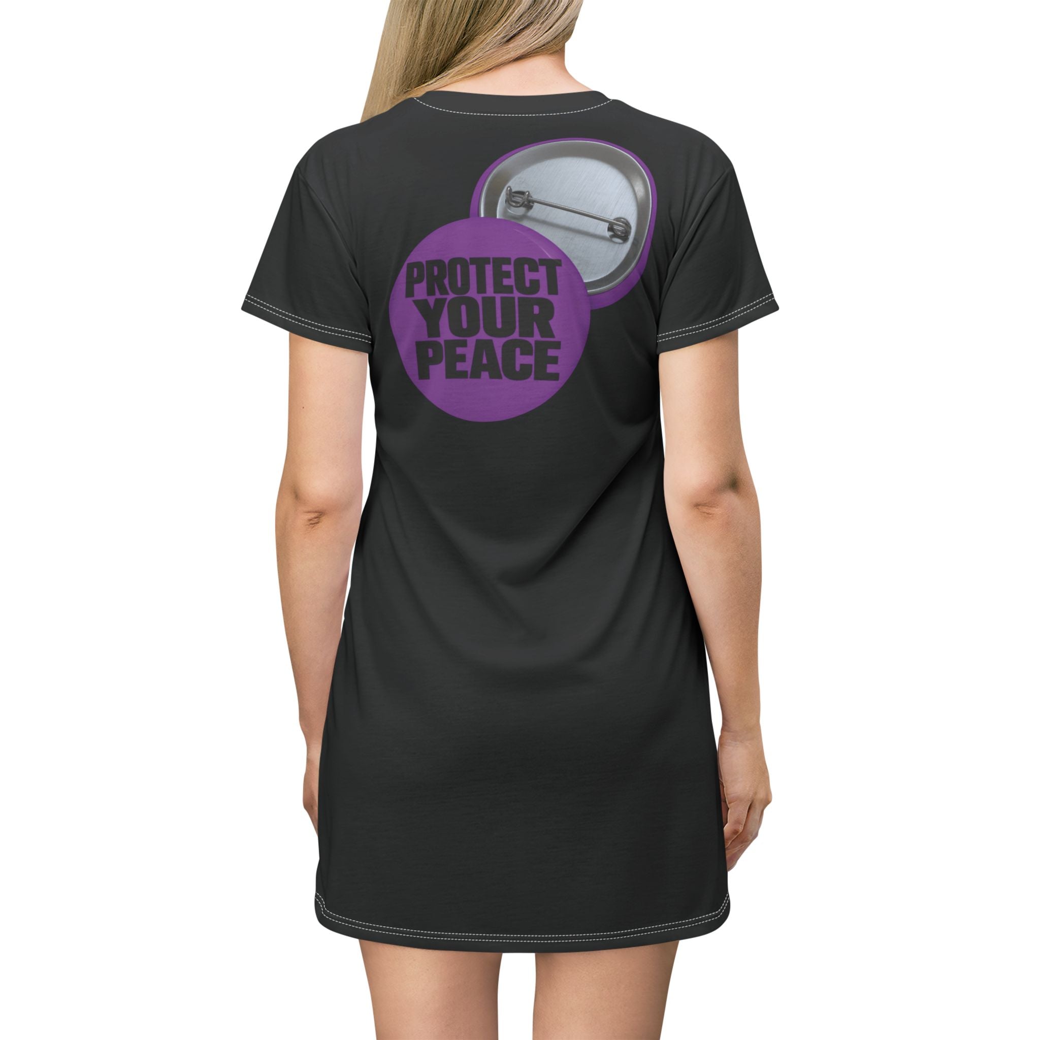 Protect Your Peace T-Shirt Dress — Black AOP Casual Dress with Back Button Badge Graphic