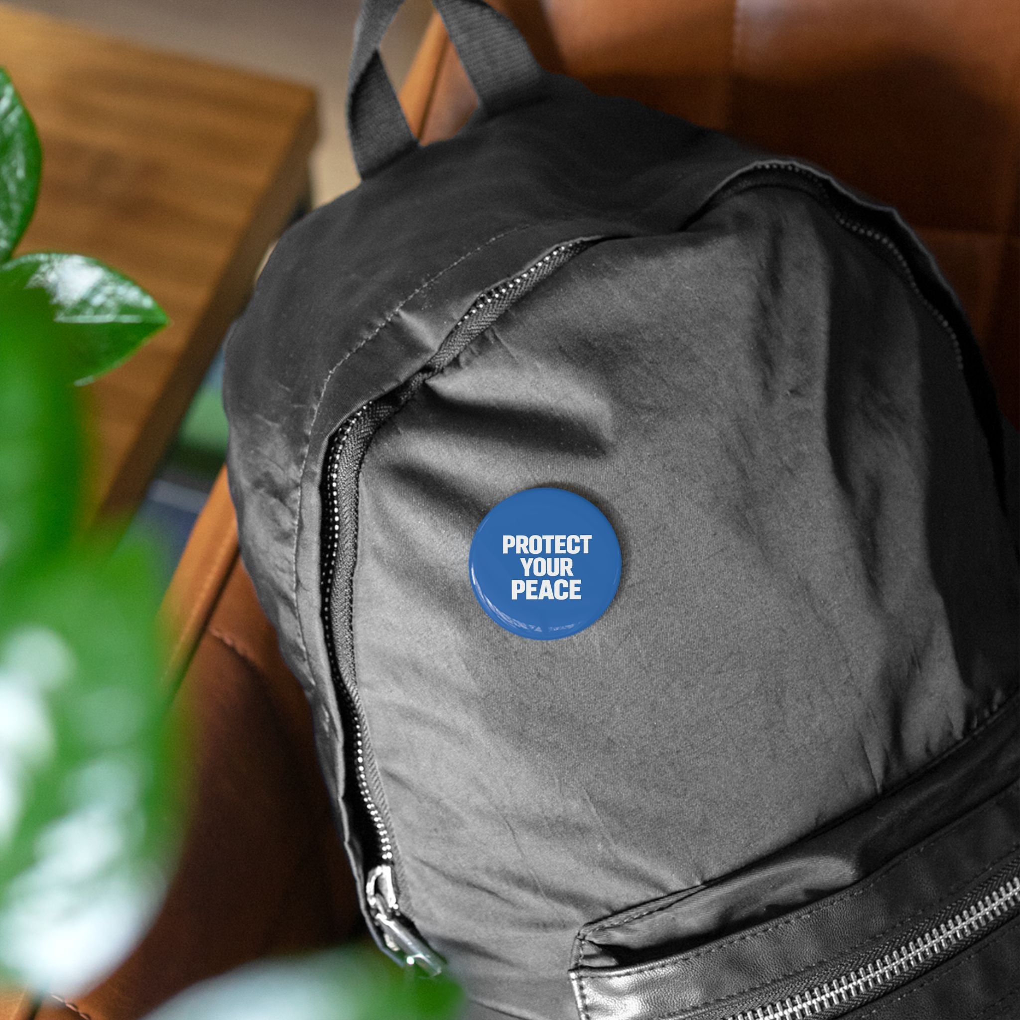 Protect Your Peace Round Pin — Blue Motivational Button Badge