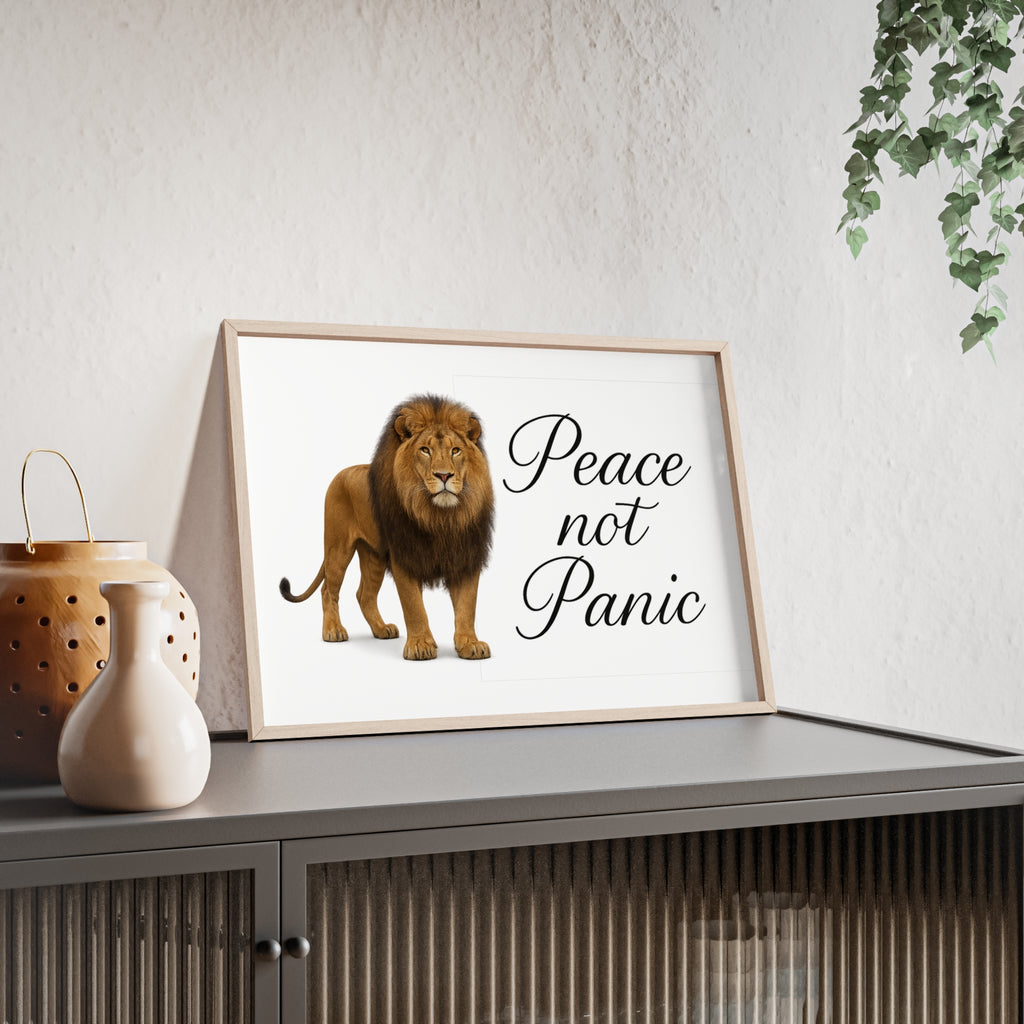 Peace Not Panic Lion Poster with Wooden Frame — Calming Wall Art for Home & Office