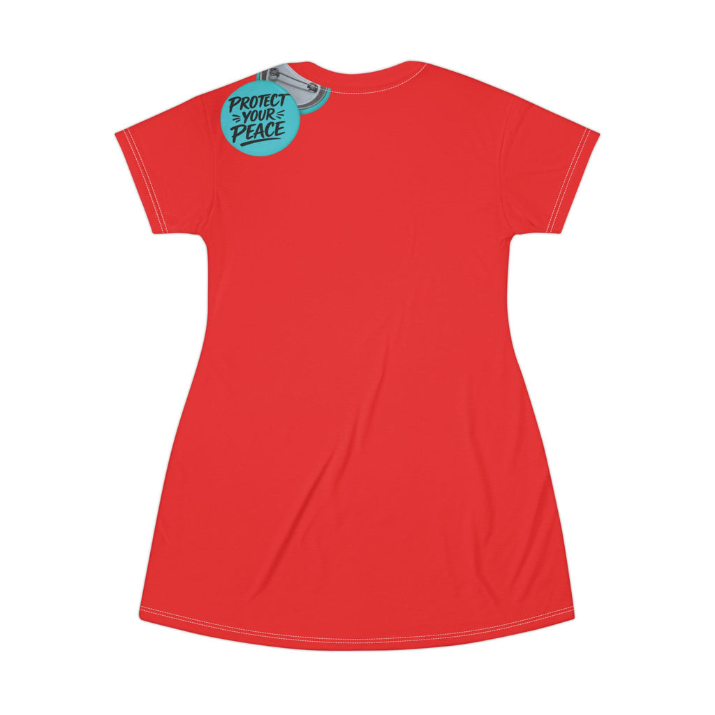 Protect Your Peace Red T-Shirt Dress — Casual AOP Dress with 'Protect Your Peace' Badge