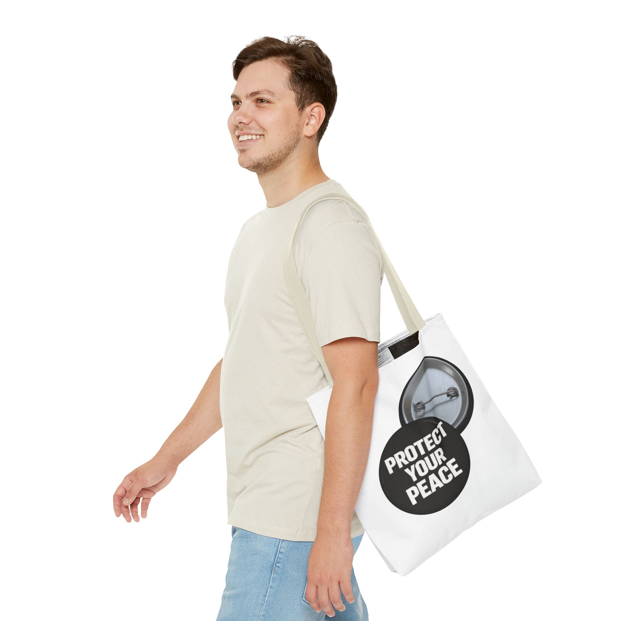 Tote — "Protect Your Peace" Button Design Cotton Tote Bag