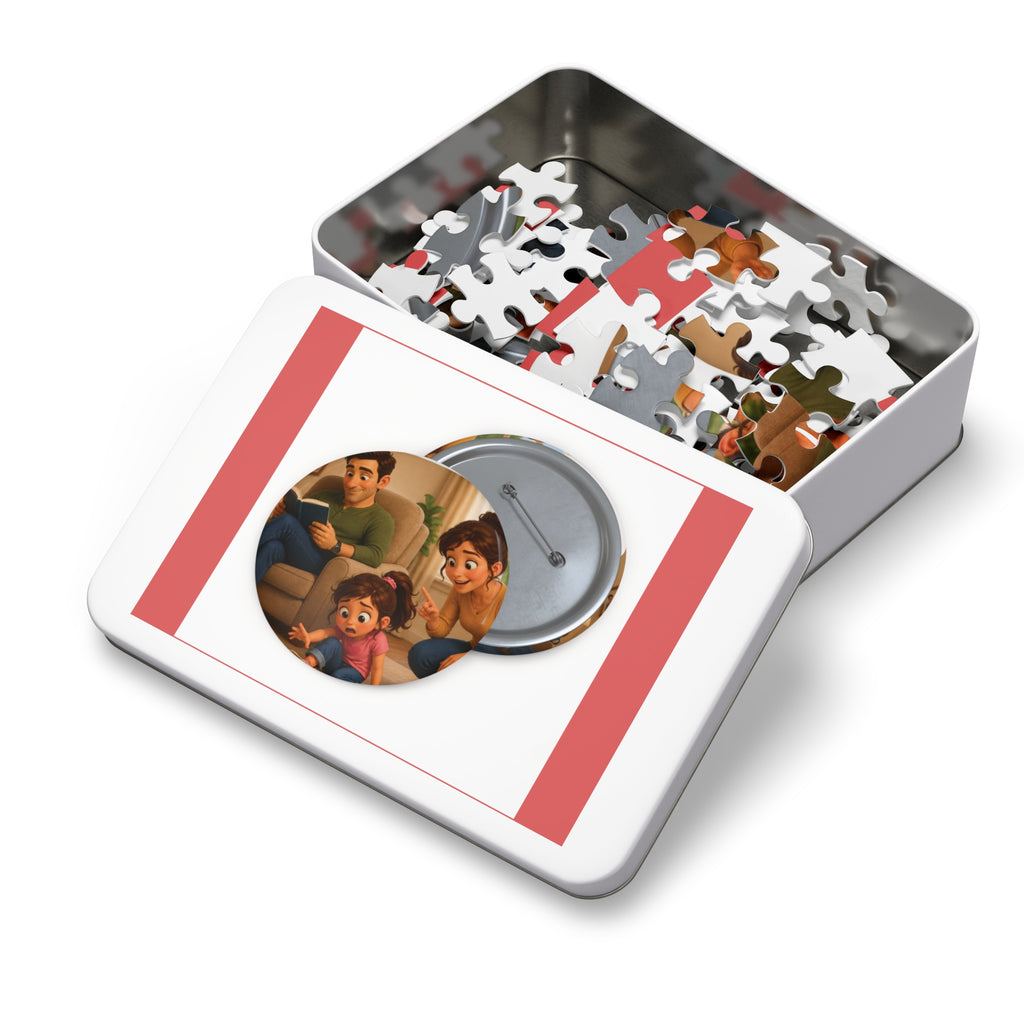 Family Moment 252-Piece Round Tin Puzzle — Cute Parents & Kid Illustration