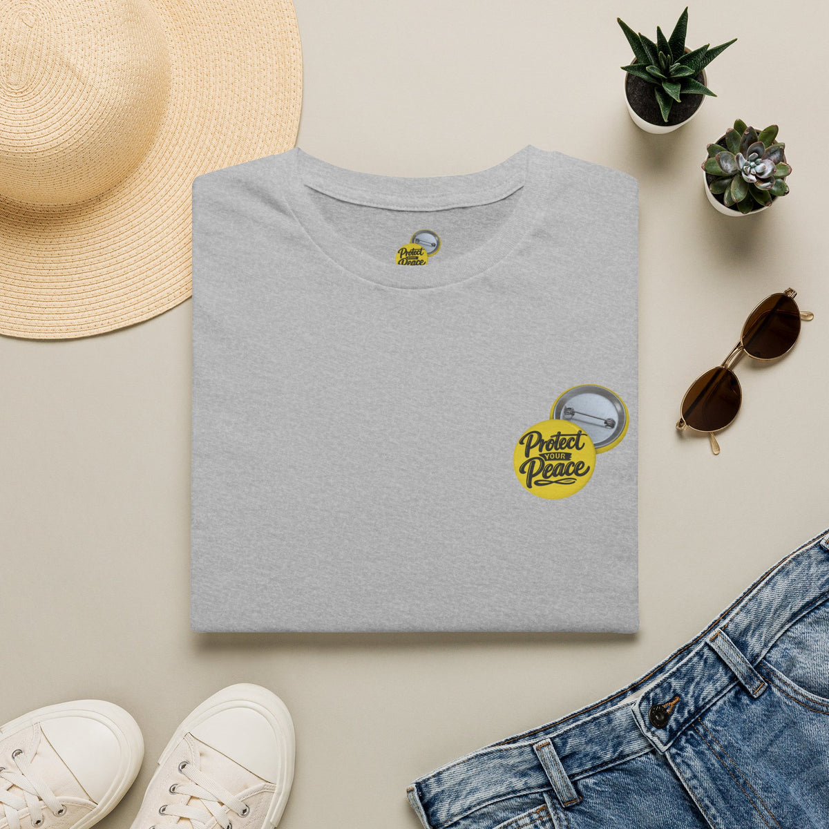 T-Shirt — 'Protect the Peace' Yellow Badge Casual Tee