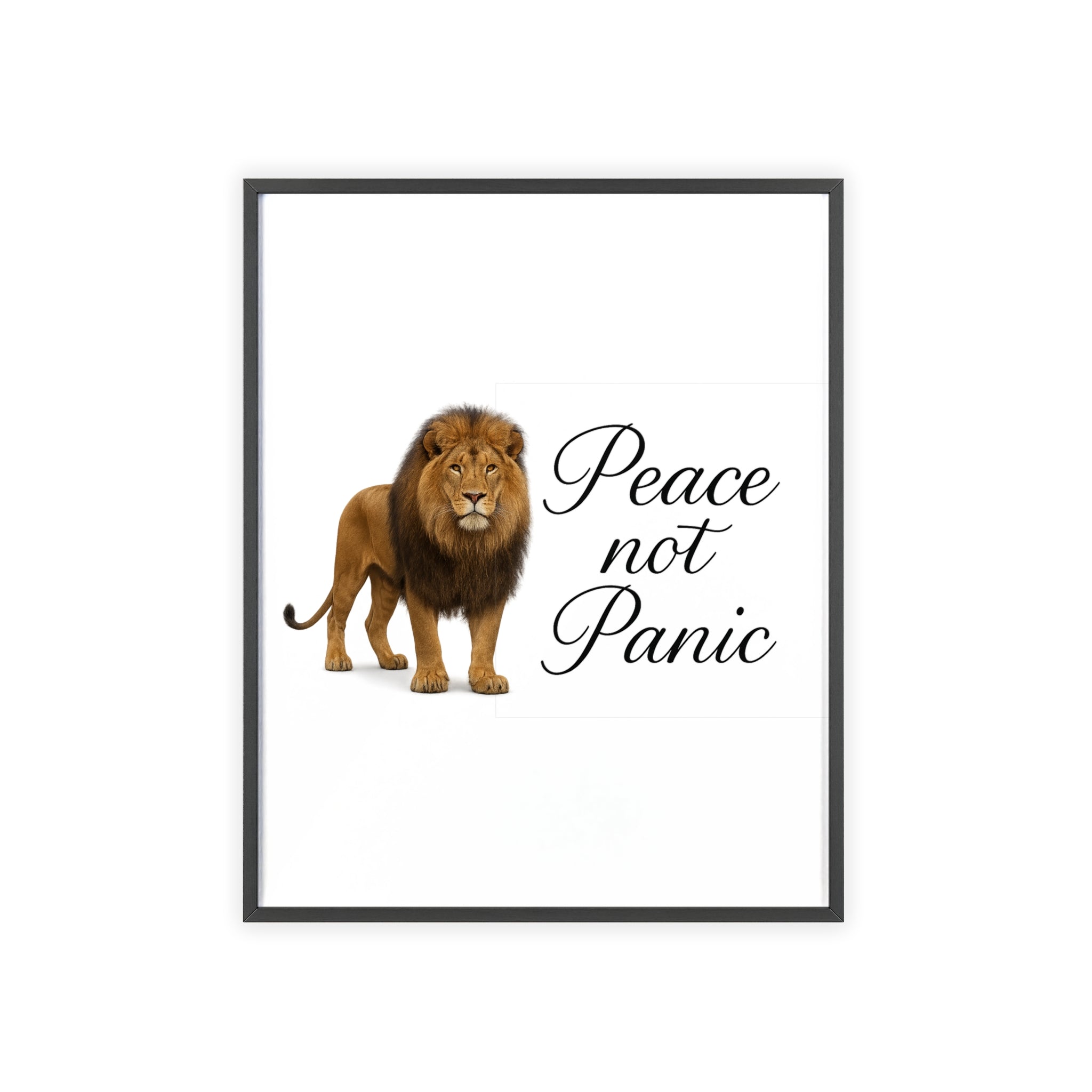 Peace Not Panic Lion Poster with Wooden Frame — Calming Wall Art for Home & Office