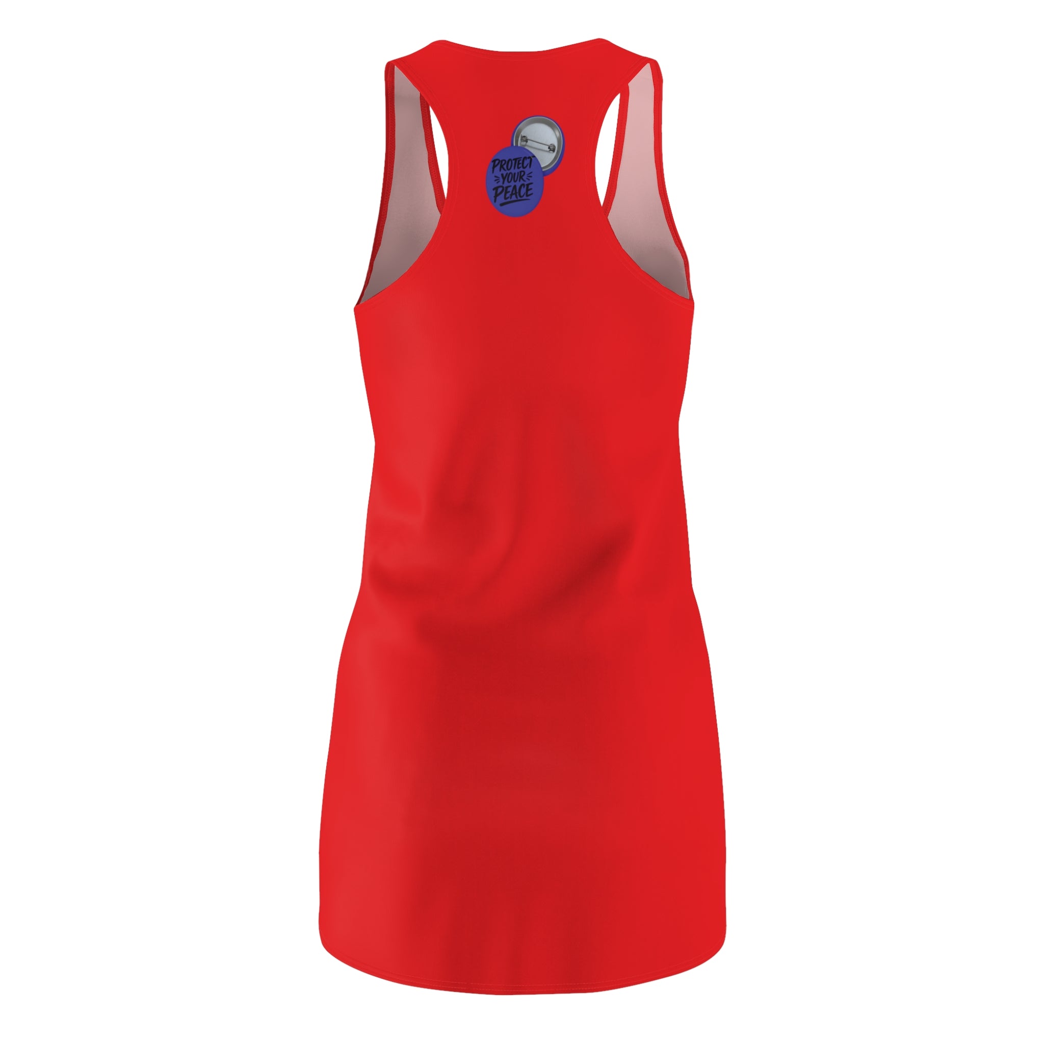 Racerback Dress — Red Button Badge Graphic "Protect your peace"